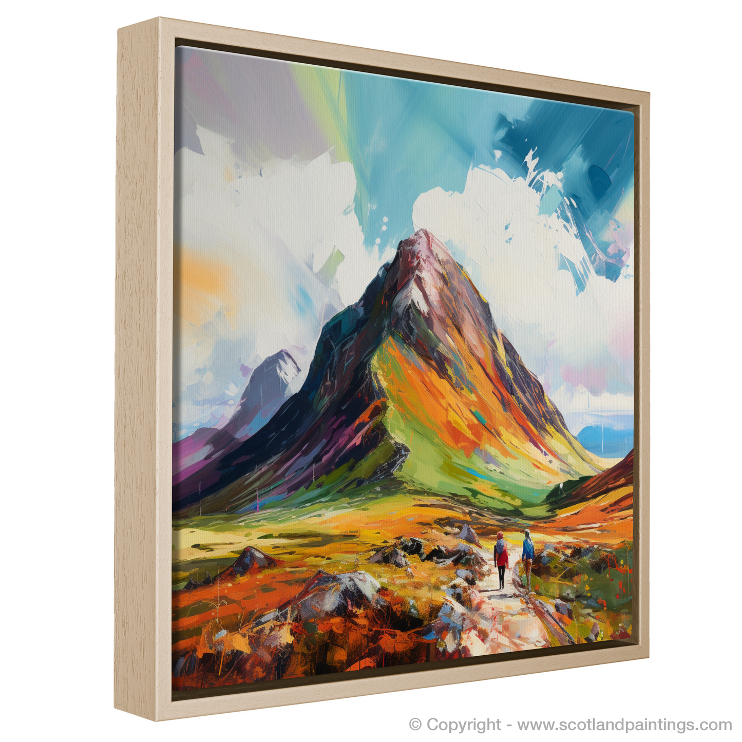 Painting and Art Print of Hikers at Buachaille summit in Glencoe entitled "Buachaille Summit's Rugged Grandeur".