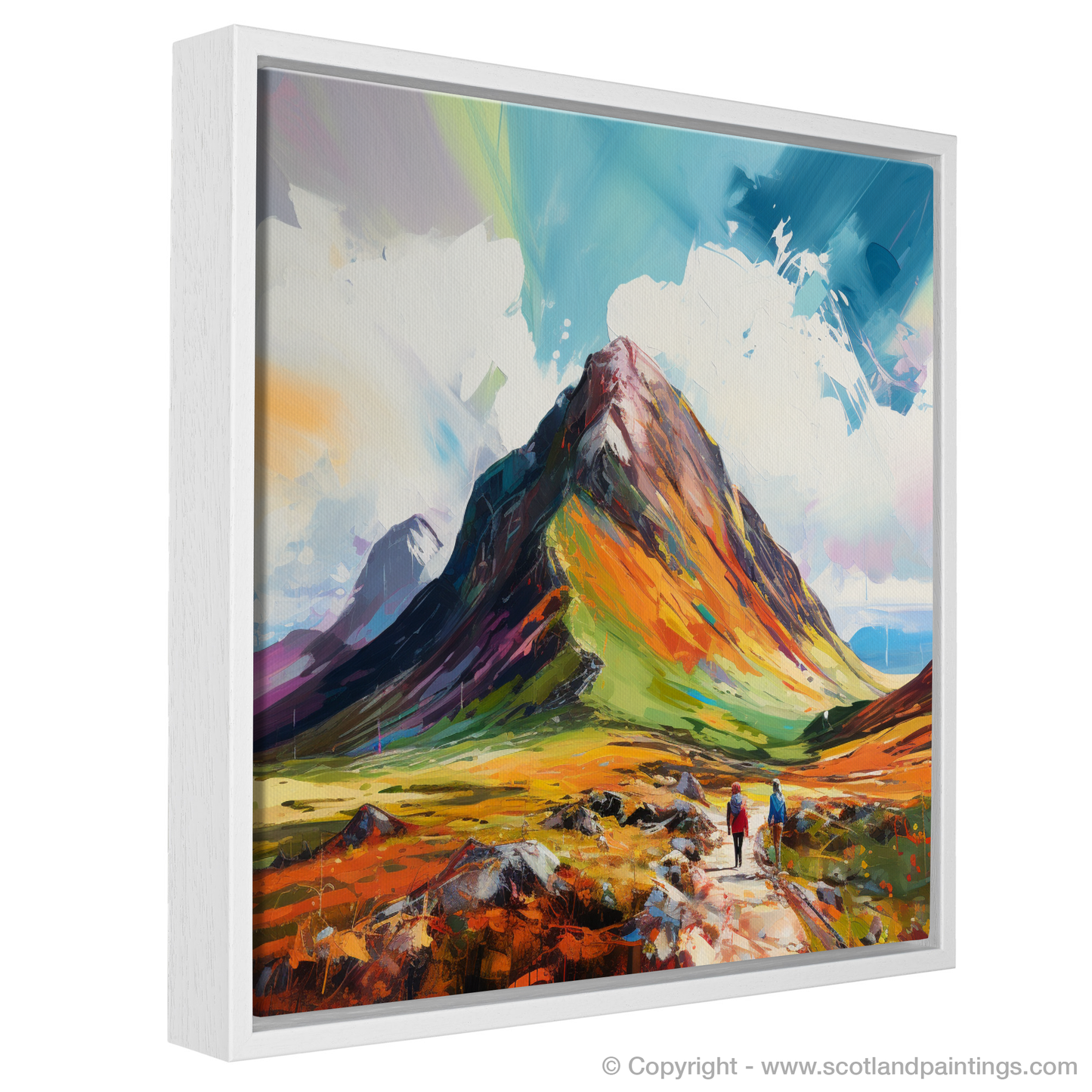 Painting and Art Print of Hikers at Buachaille summit in Glencoe entitled "Buachaille Summit's Rugged Grandeur".