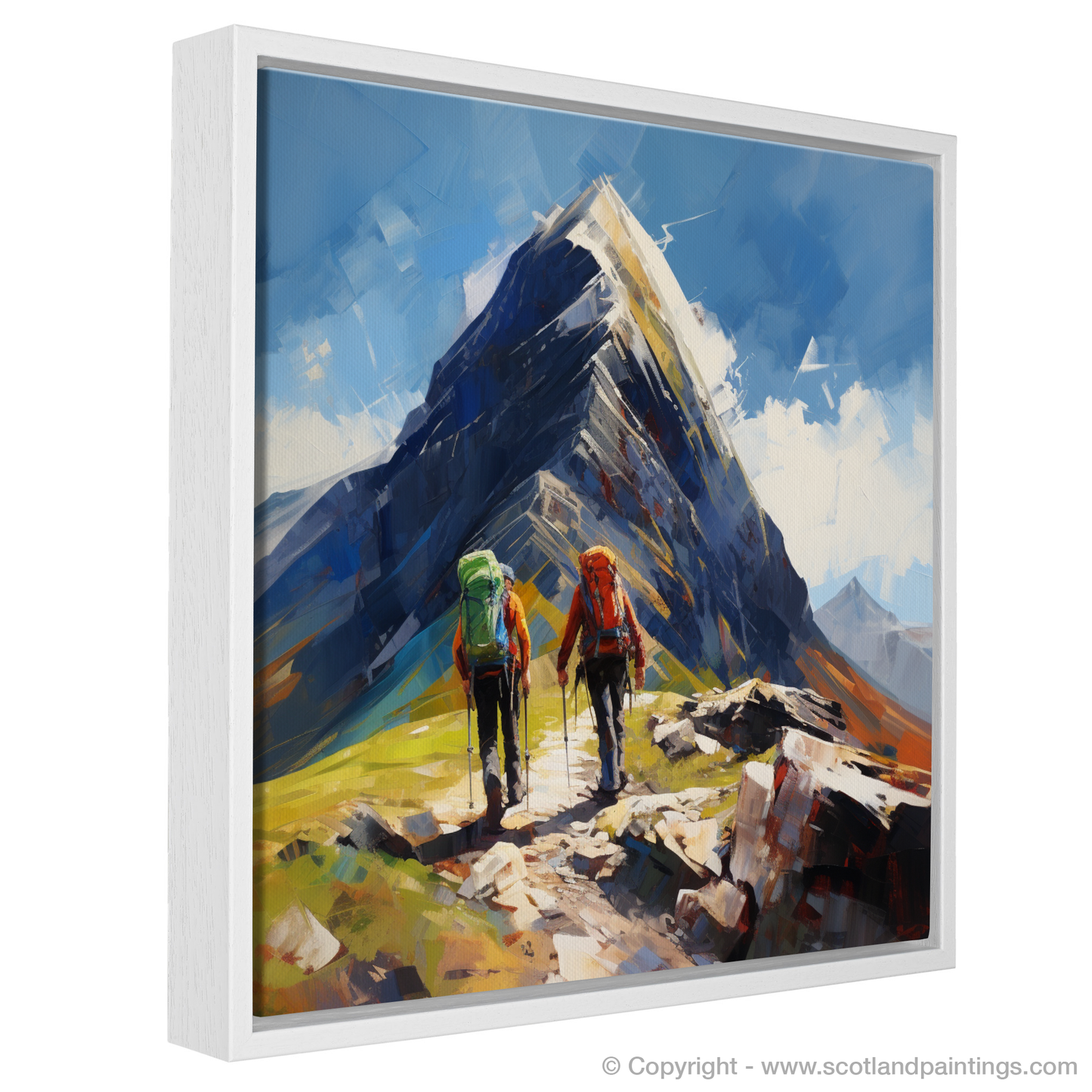 Painting and Art Print of Hikers at Buachaille summit in Glencoe entitled "Hikers Ascent to Buachaille Summit: An Expressionist Ode to Glencoe's Grandeur".