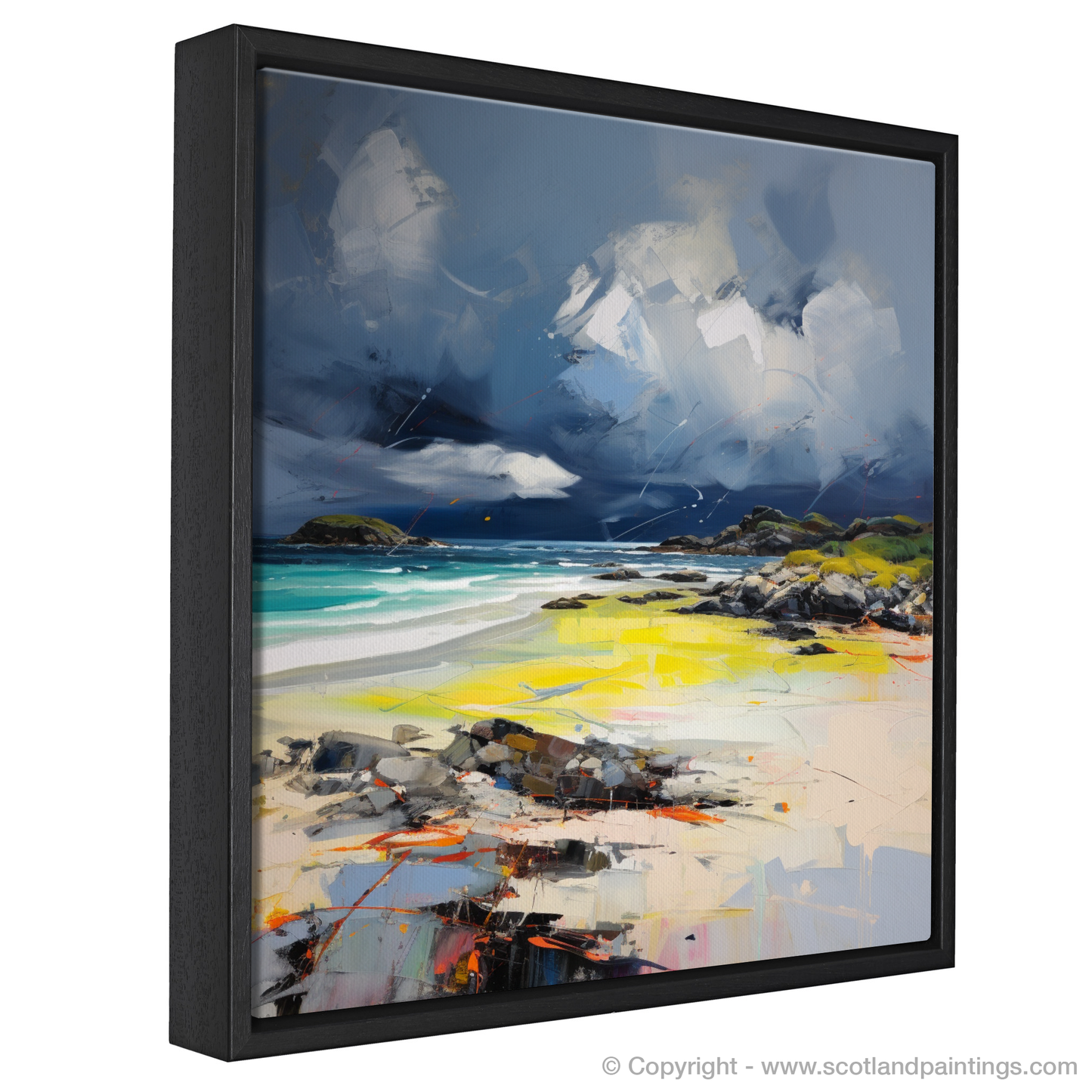 Painting and Art Print of Arisaig Beach with a stormy sky entitled "Storm's Embrace over Arisaig Beach".