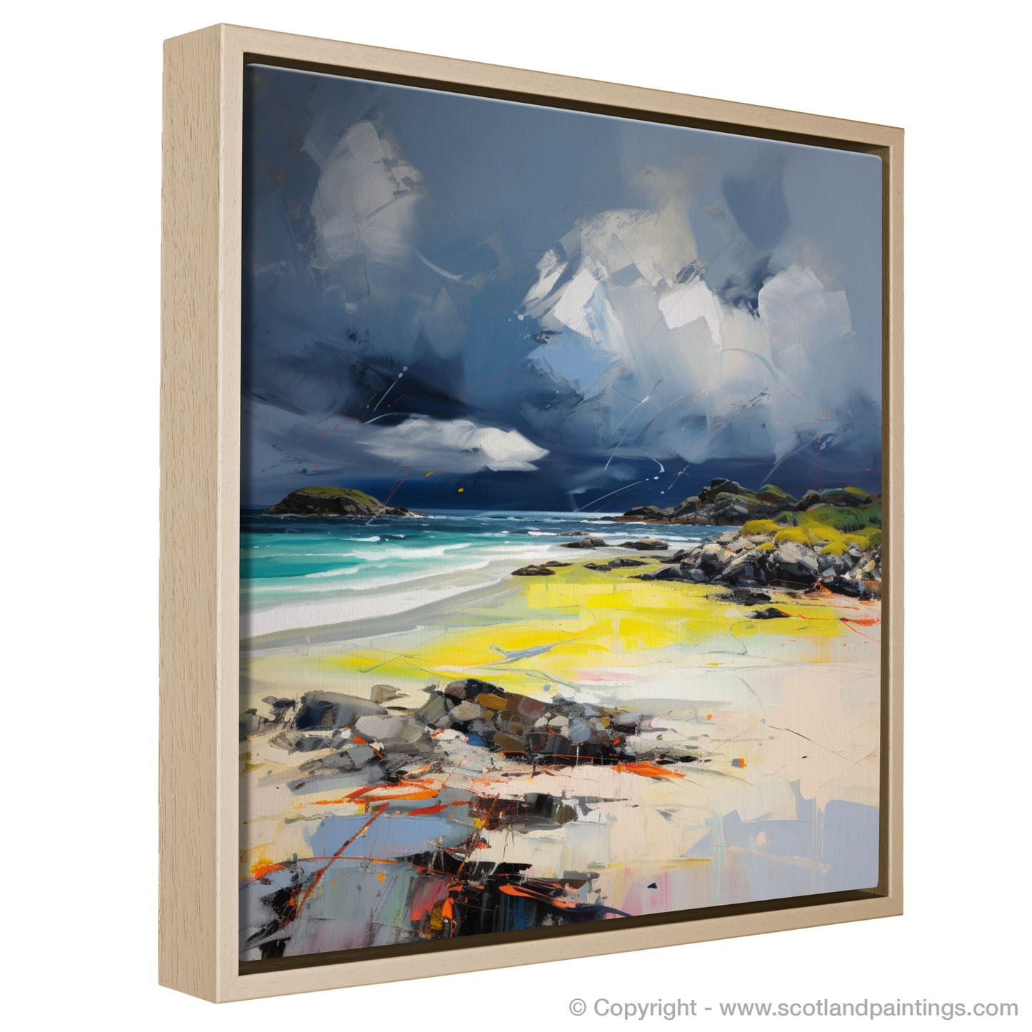 Painting and Art Print of Arisaig Beach with a stormy sky entitled "Storm's Embrace over Arisaig Beach".