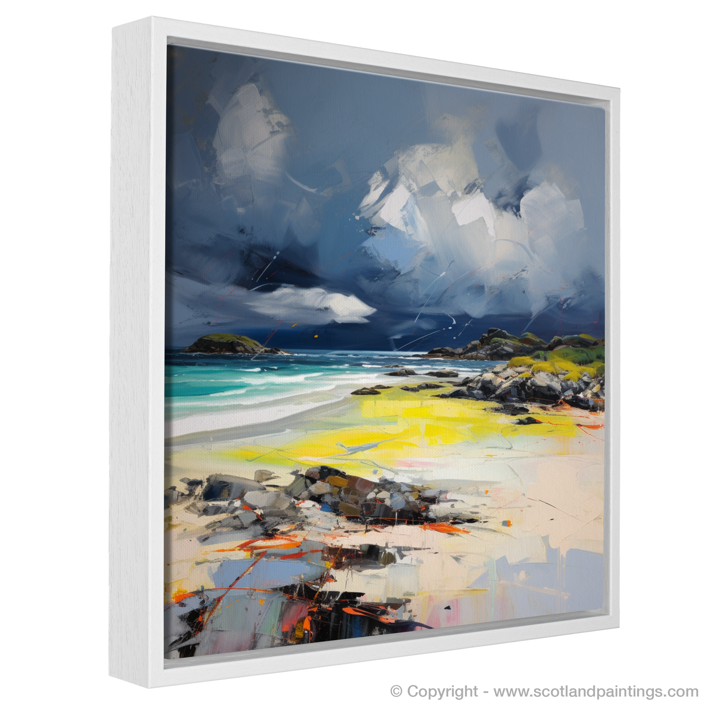 Painting and Art Print of Arisaig Beach with a stormy sky entitled "Storm's Embrace over Arisaig Beach".