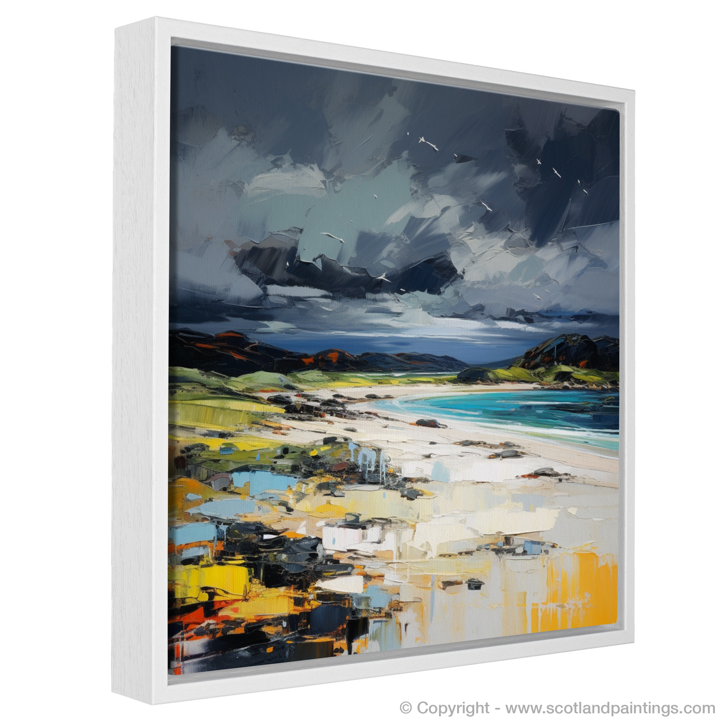 Painting and Art Print of Arisaig Beach with a stormy sky entitled "Storm's Embrace on Arisaig Beach".