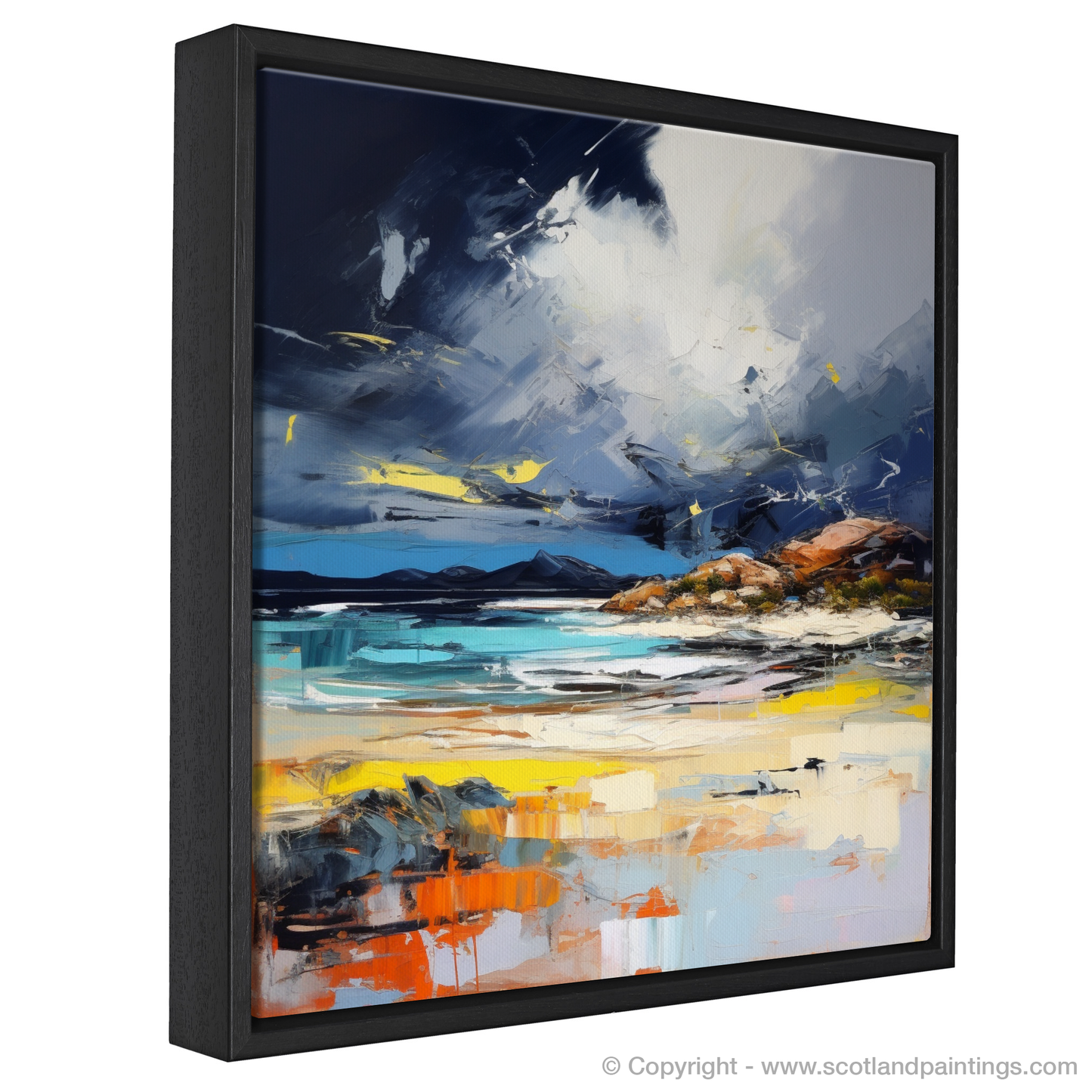 Painting and Art Print of Arisaig Beach with a stormy sky entitled "Storm's Embrace on Arisaig Beach".