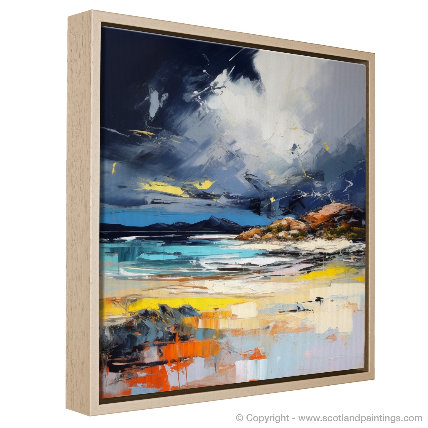 Painting and Art Print of Arisaig Beach with a stormy sky entitled "Storm's Embrace on Arisaig Beach".