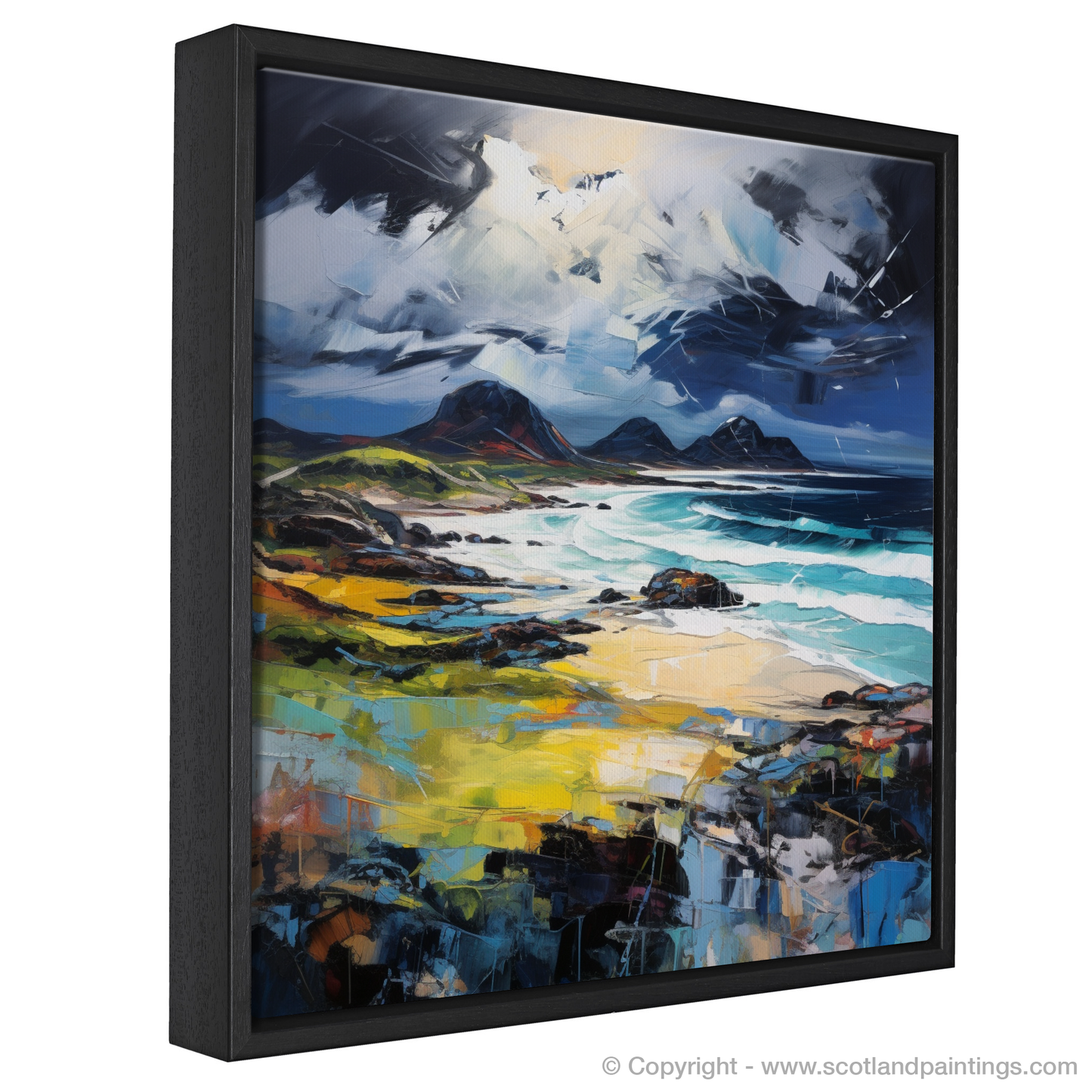 Painting and Art Print of Kiloran Bay with a stormy sky entitled "Storm's Embrace over Kiloran Bay".