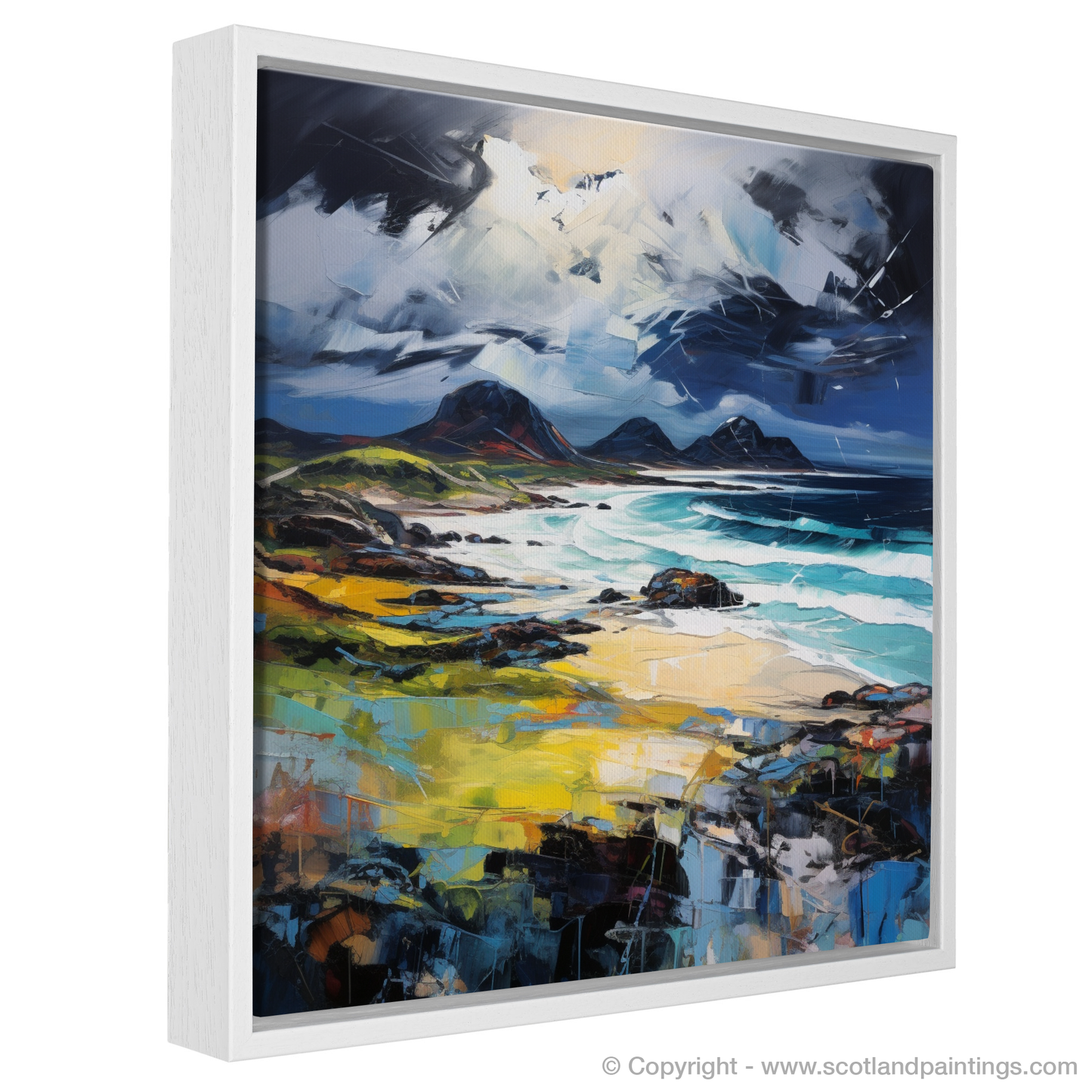 Painting and Art Print of Kiloran Bay with a stormy sky entitled "Storm's Embrace over Kiloran Bay".