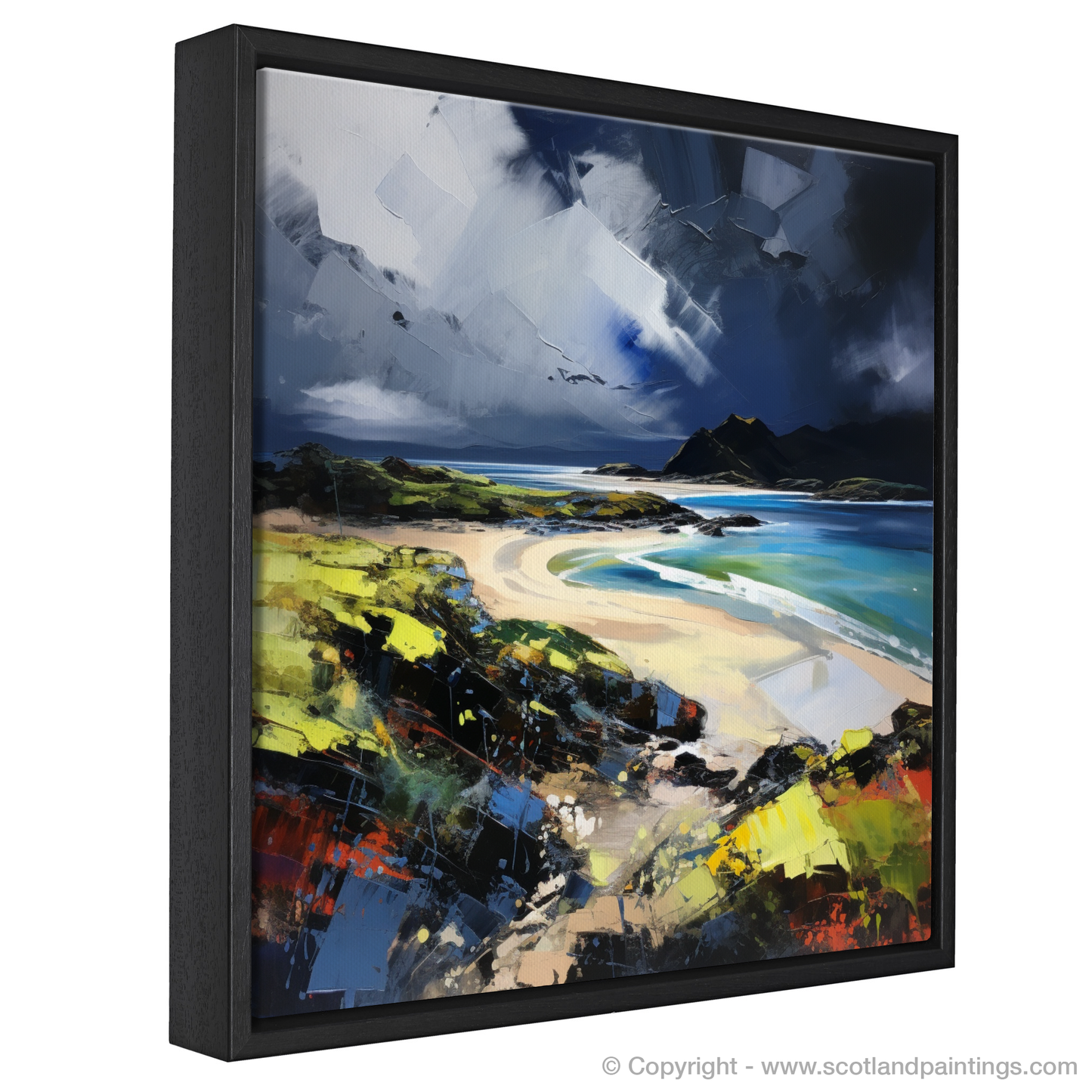 Painting and Art Print of Kiloran Bay with a stormy sky. Storm Over Kiloran Bay: An Expressionist Ode to Scottish Majesty.