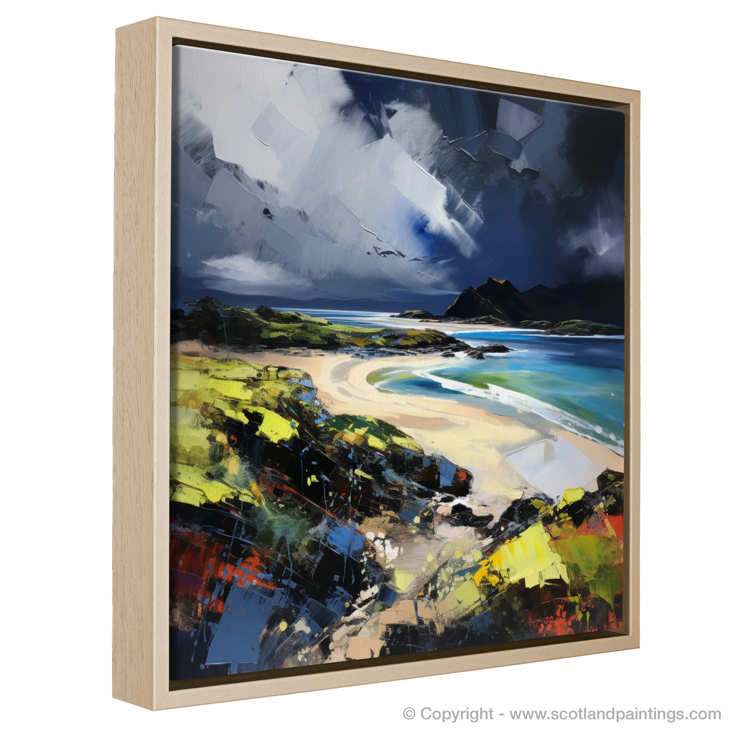 Painting and Art Print of Kiloran Bay with a stormy sky. Storm Over Kiloran Bay: An Expressionist Ode to Scottish Majesty.