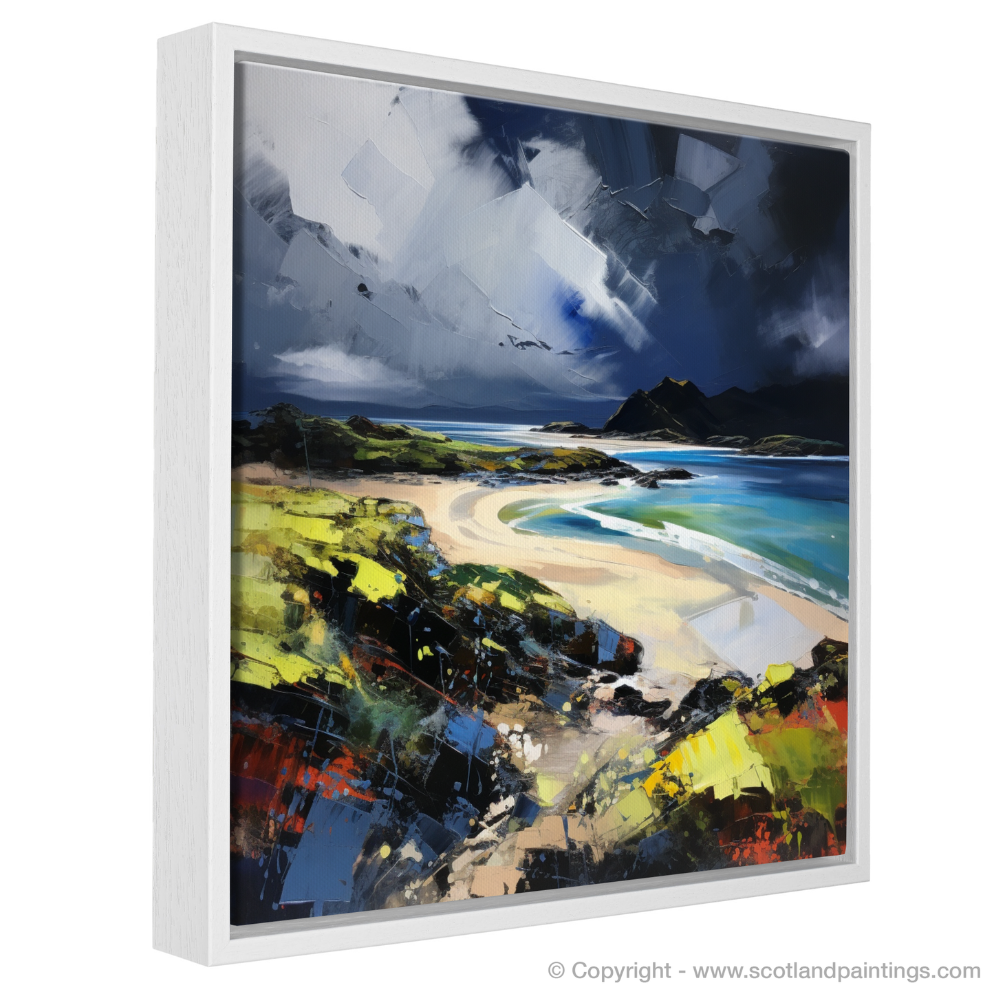 Painting and Art Print of Kiloran Bay with a stormy sky. Storm Over Kiloran Bay: An Expressionist Ode to Scottish Majesty.