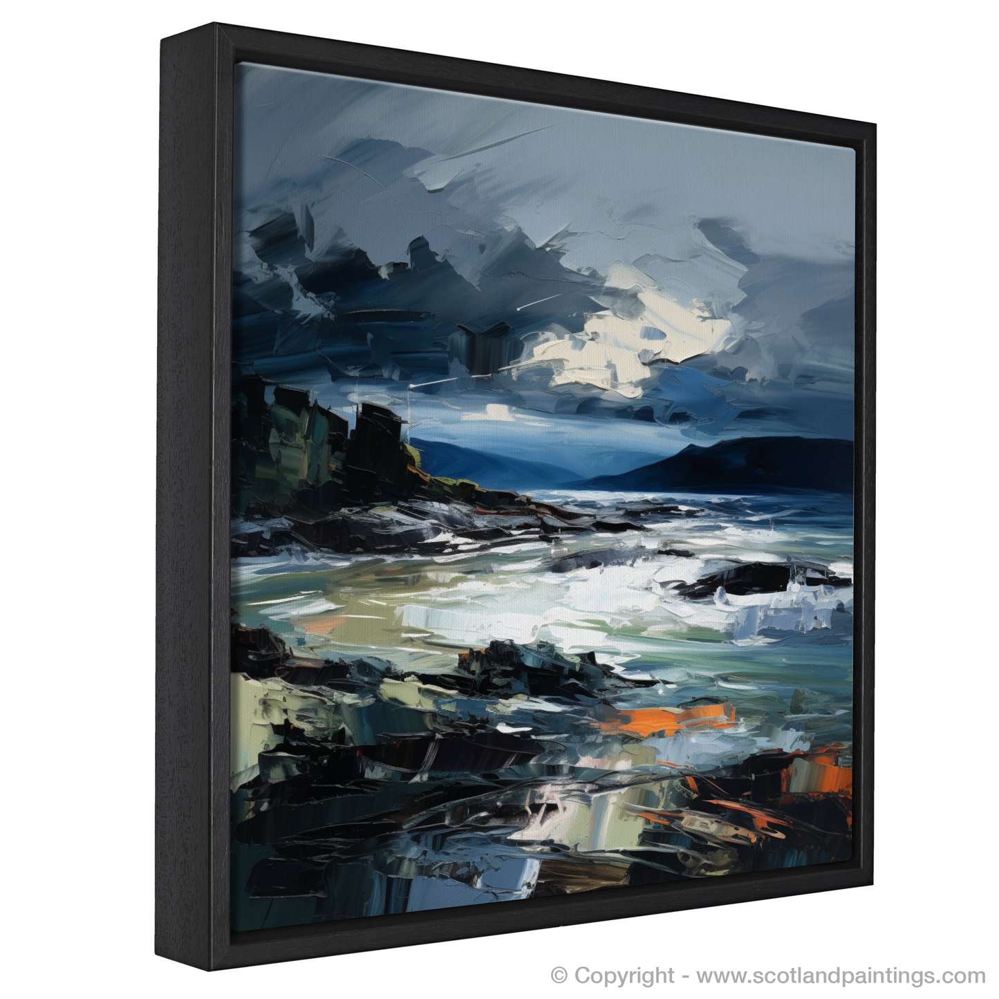 Painting and Art Print of Ardtun Bay with a stormy sky entitled "Tempestuous Ardtun Bay: An Expressionist Ode to Scotland's Coastal Fury".