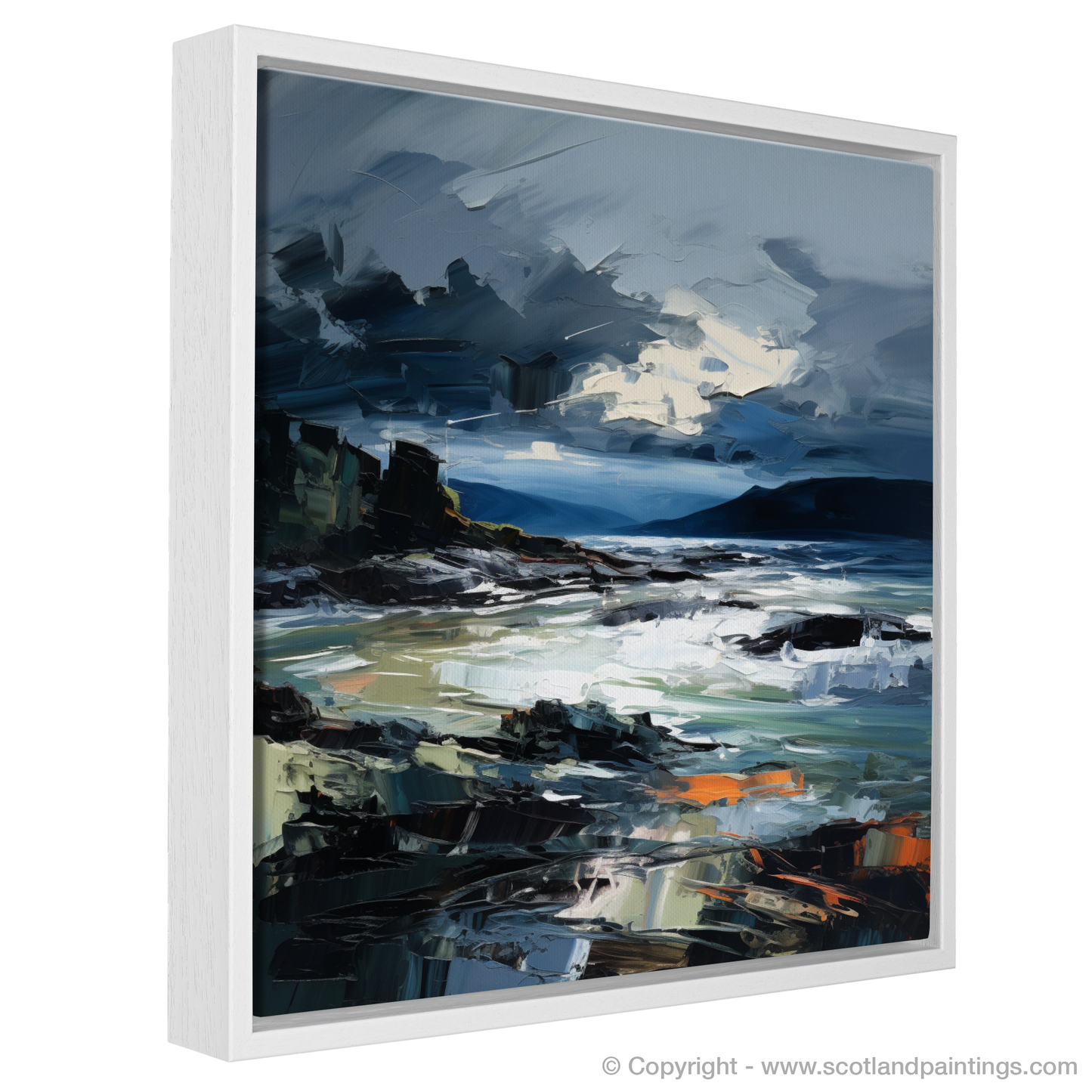 Painting and Art Print of Ardtun Bay with a stormy sky entitled "Tempestuous Ardtun Bay: An Expressionist Ode to Scotland's Coastal Fury".