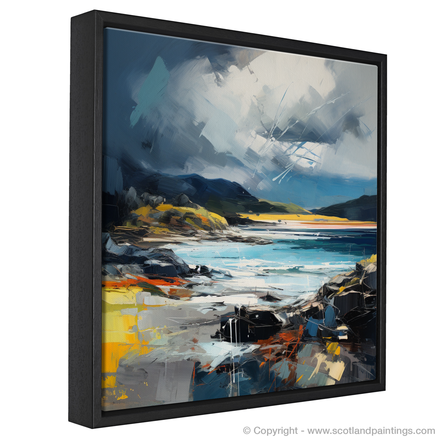 Painting and Art Print of Ardtun Bay with a stormy sky entitled "Tempestuous Ardtun Bay: A Scottish Cove's Fury".