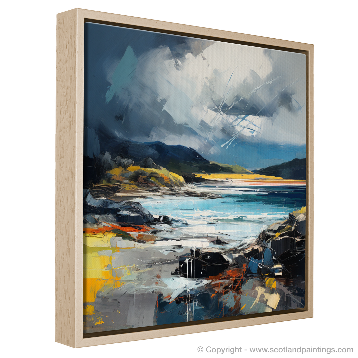 Painting and Art Print of Ardtun Bay with a stormy sky entitled "Tempestuous Ardtun Bay: A Scottish Cove's Fury".