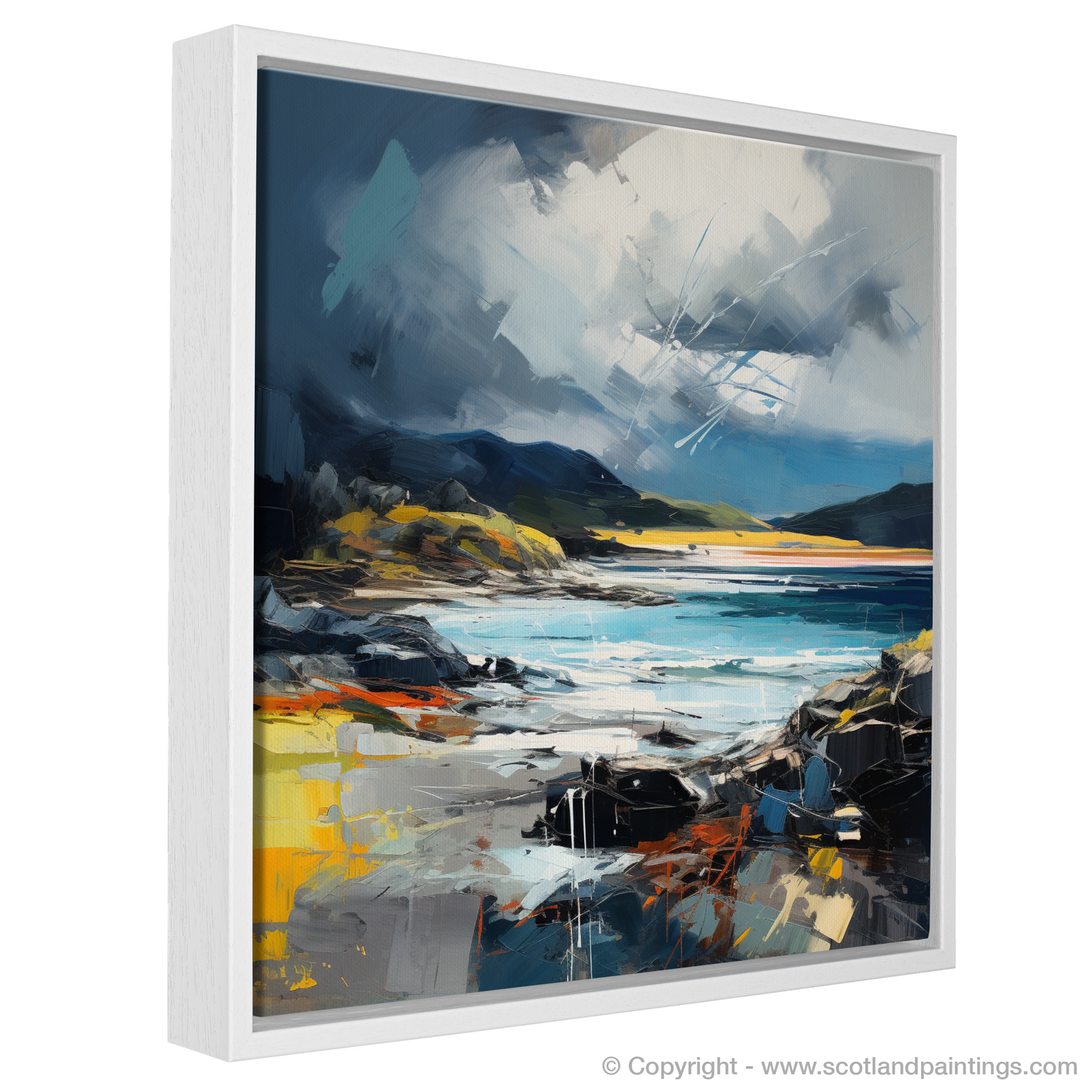 Painting and Art Print of Ardtun Bay with a stormy sky entitled "Tempestuous Ardtun Bay: A Scottish Cove's Fury".