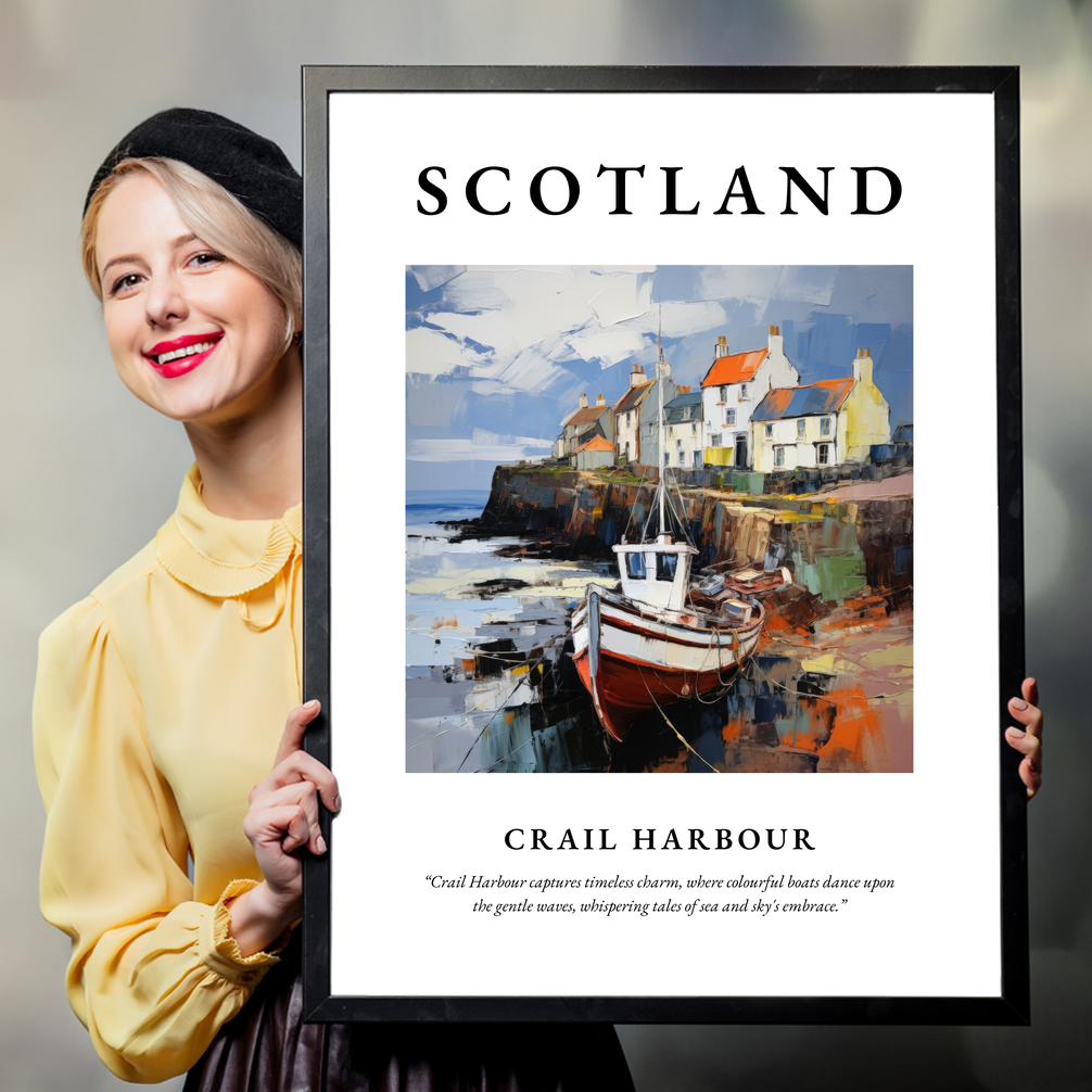 Person holding a poster of Crail Harbour