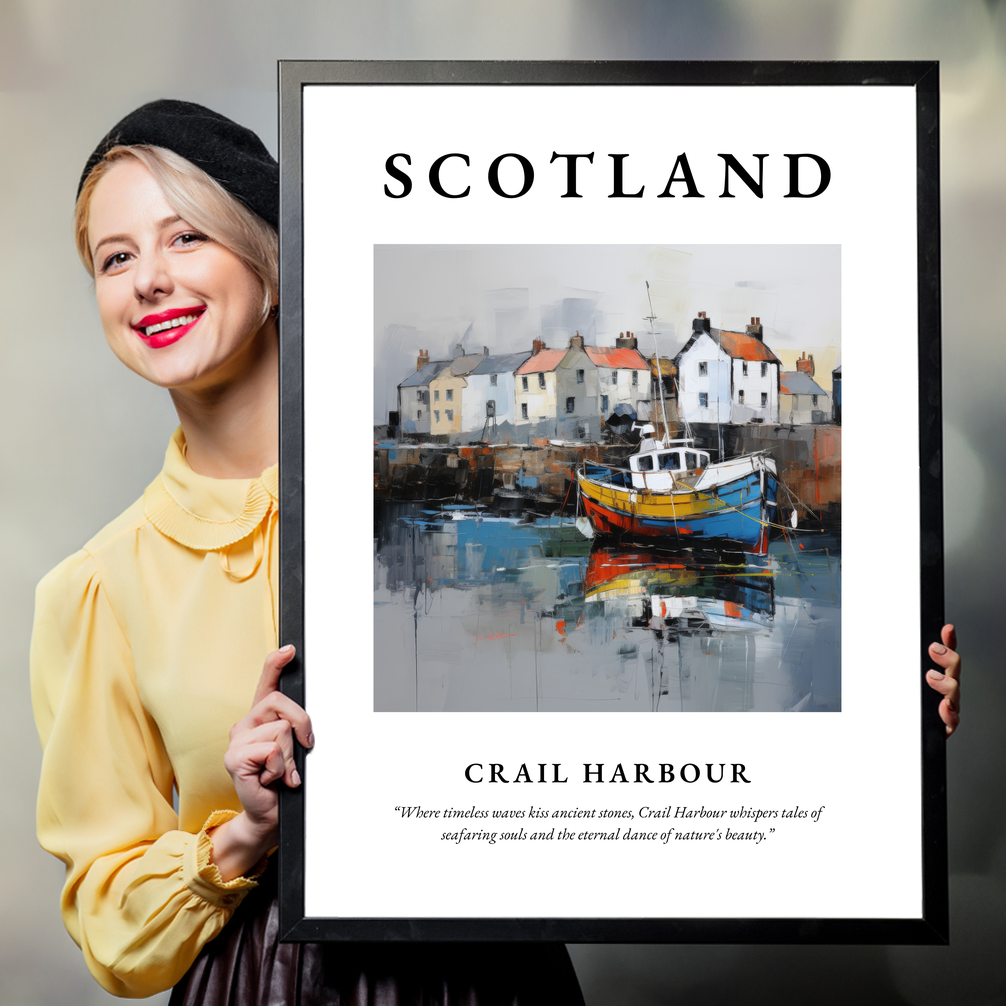 Person holding a poster of Crail Harbour