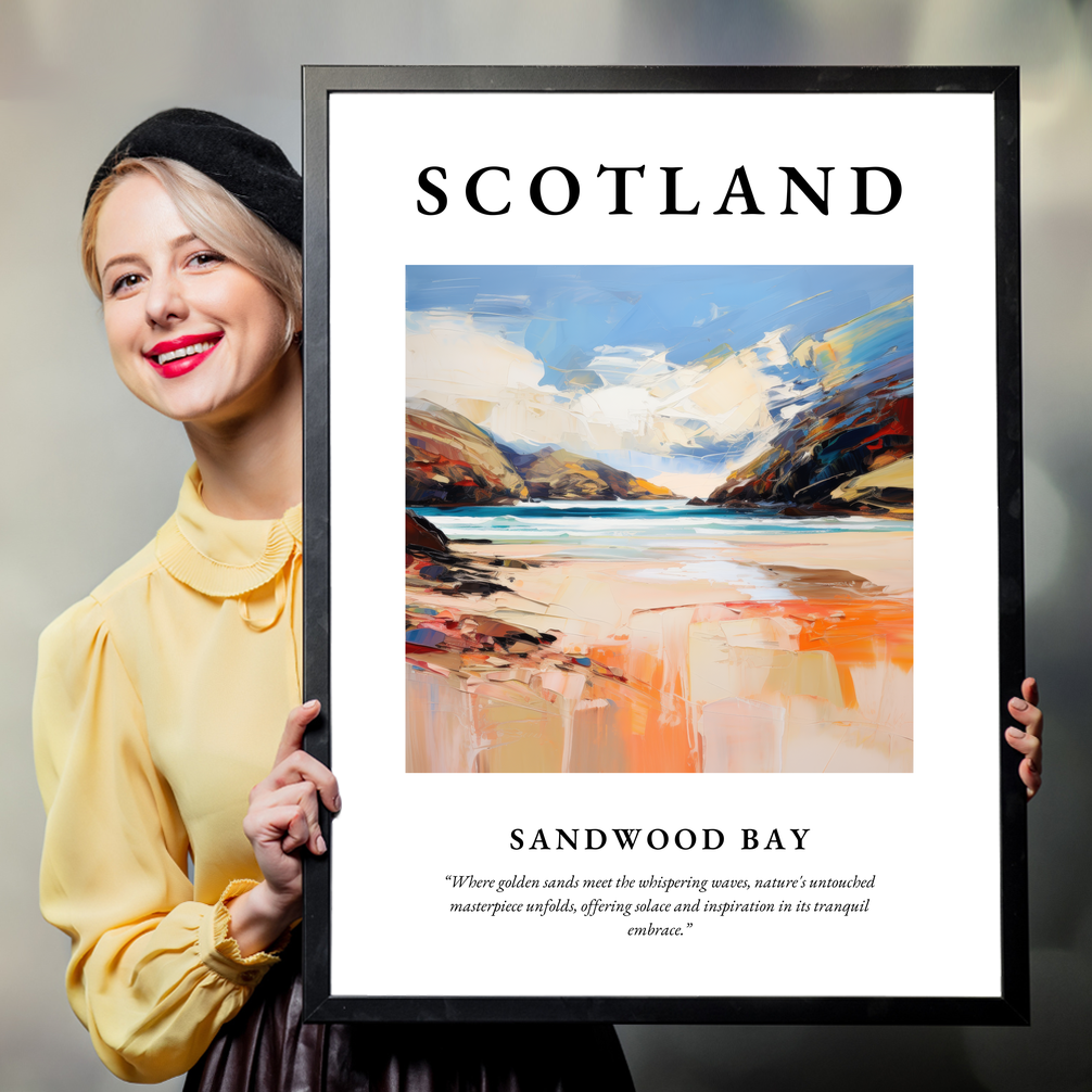 Person holding a poster of Sandwood Bay