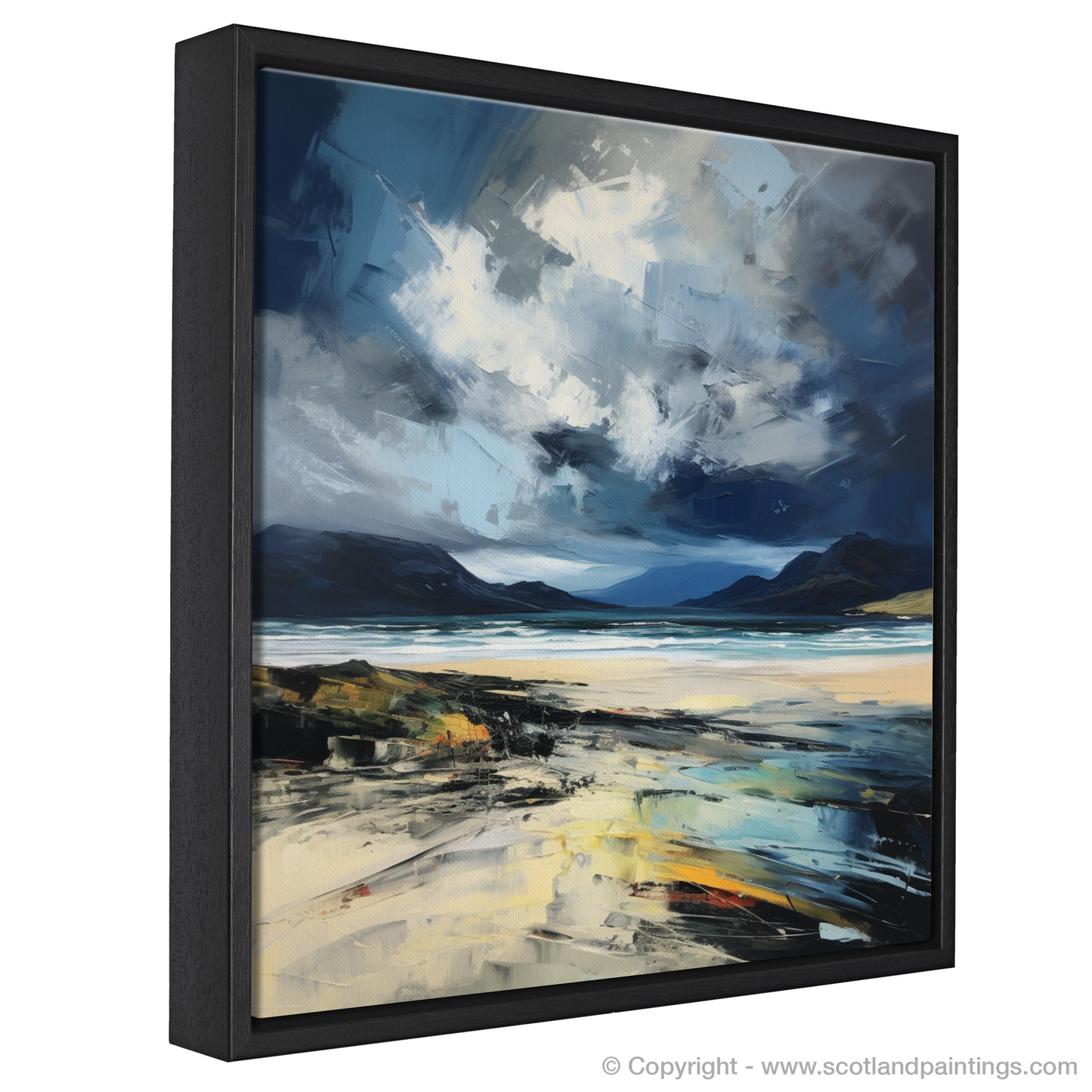 Painting and Art Print of Scarista Beach with a stormy sky entitled "Storm's Embrace: A Dance of Colour at Scarista Beach".