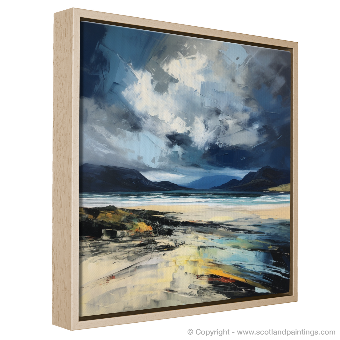 Painting and Art Print of Scarista Beach with a stormy sky entitled "Storm's Embrace: A Dance of Colour at Scarista Beach".