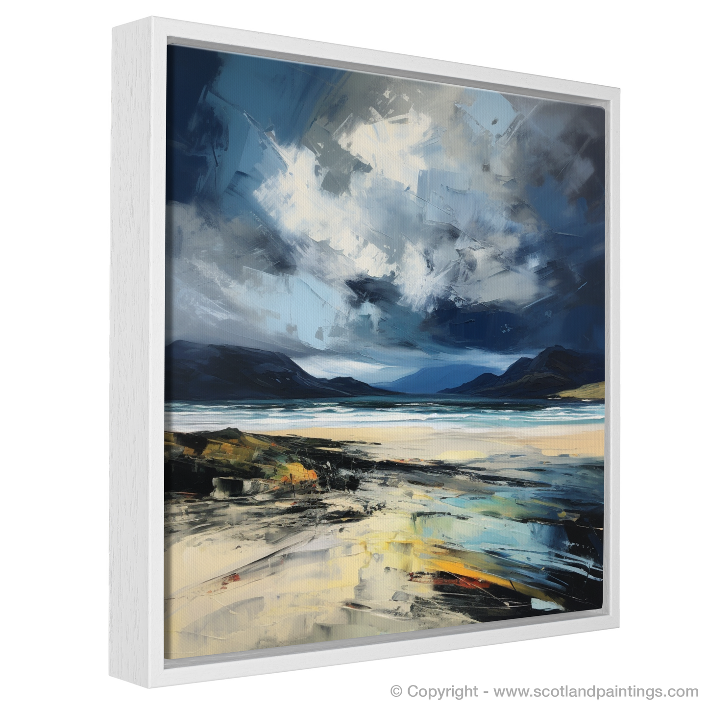 Painting and Art Print of Scarista Beach with a stormy sky entitled "Storm's Embrace: A Dance of Colour at Scarista Beach".