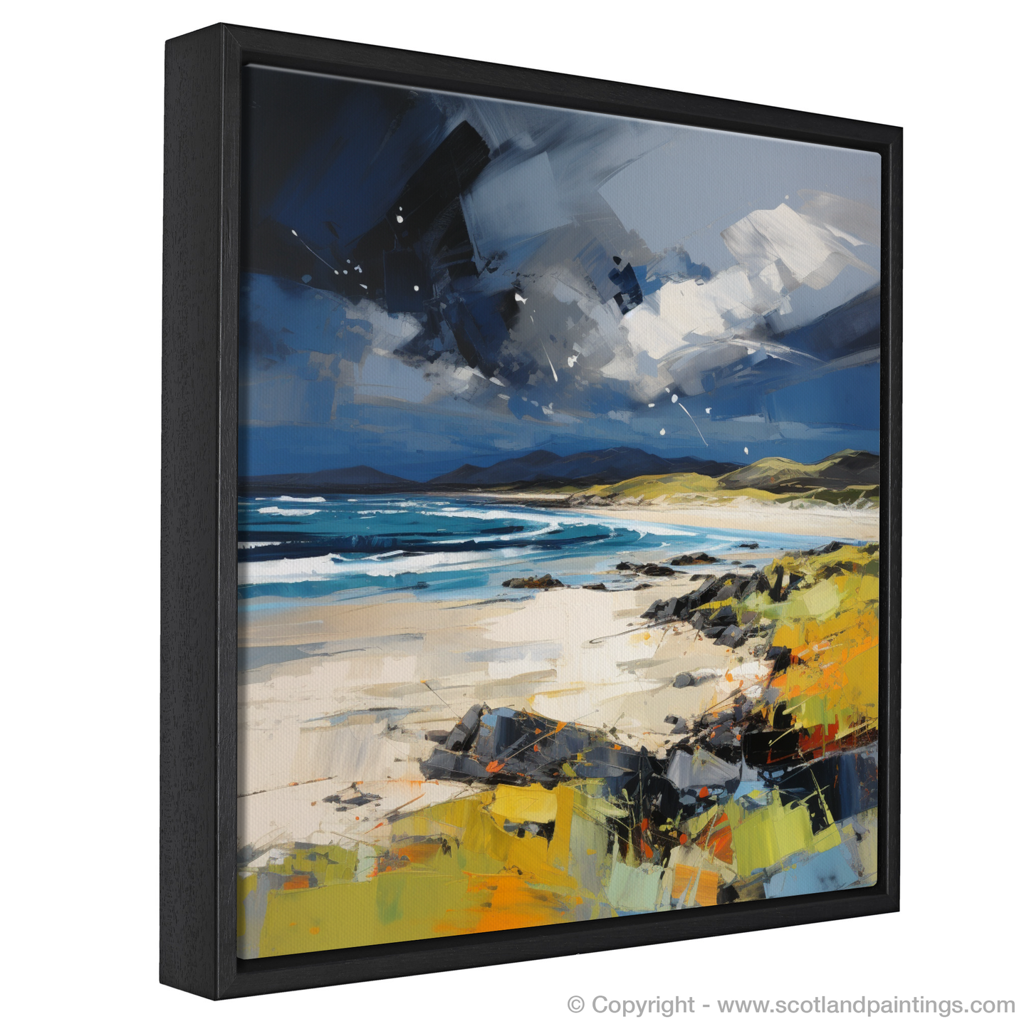 Painting and Art Print of Scarista Beach with a stormy sky entitled "Stormy Symphony: Scarista Beach Expressionist Artwork".