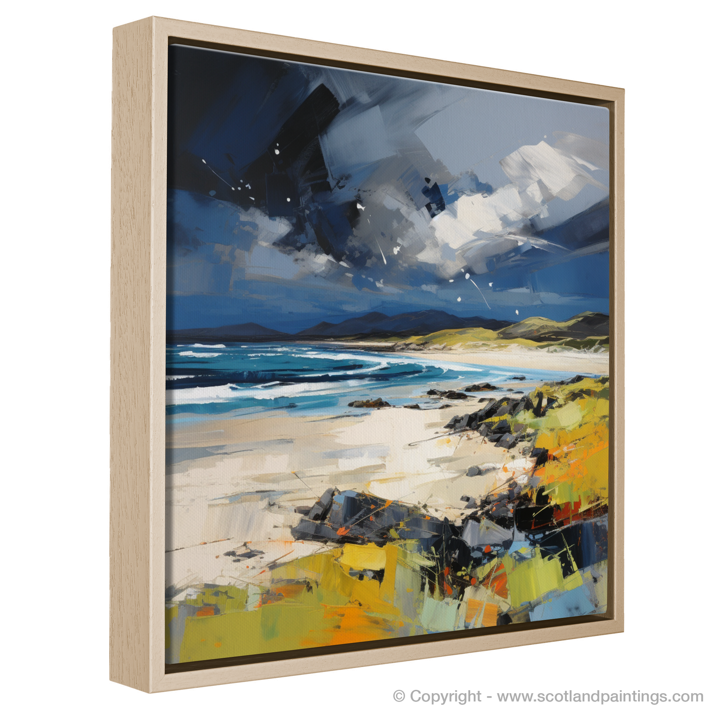 Painting and Art Print of Scarista Beach with a stormy sky entitled "Stormy Symphony: Scarista Beach Expressionist Artwork".