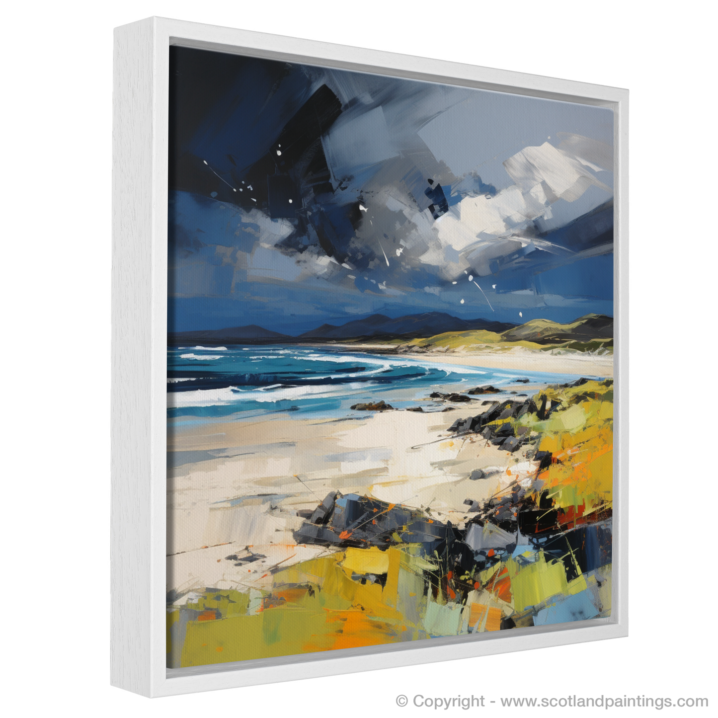 Painting and Art Print of Scarista Beach with a stormy sky entitled "Stormy Symphony: Scarista Beach Expressionist Artwork".