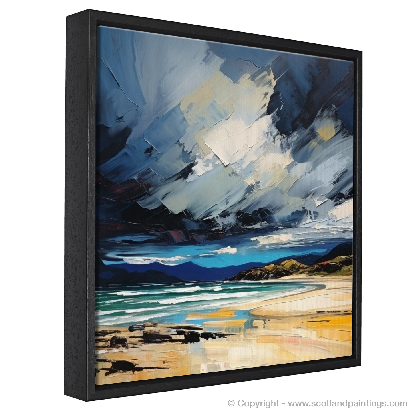 Painting and Art Print of Scarista Beach with a stormy sky entitled "Storm over Scarista Beach: An Expressionist Ode to Scotland's Coast".