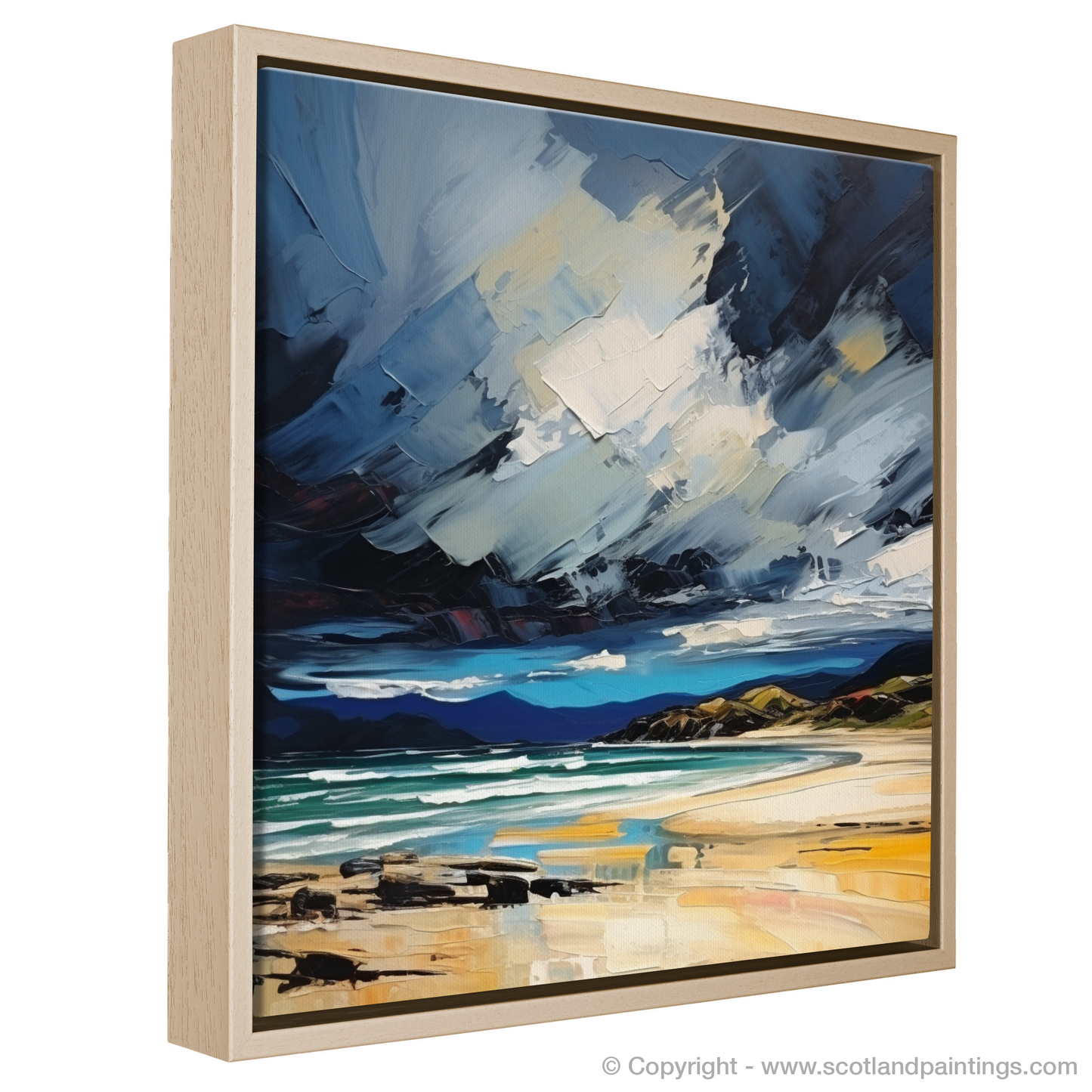 Painting and Art Print of Scarista Beach with a stormy sky entitled "Storm over Scarista Beach: An Expressionist Ode to Scotland's Coast".