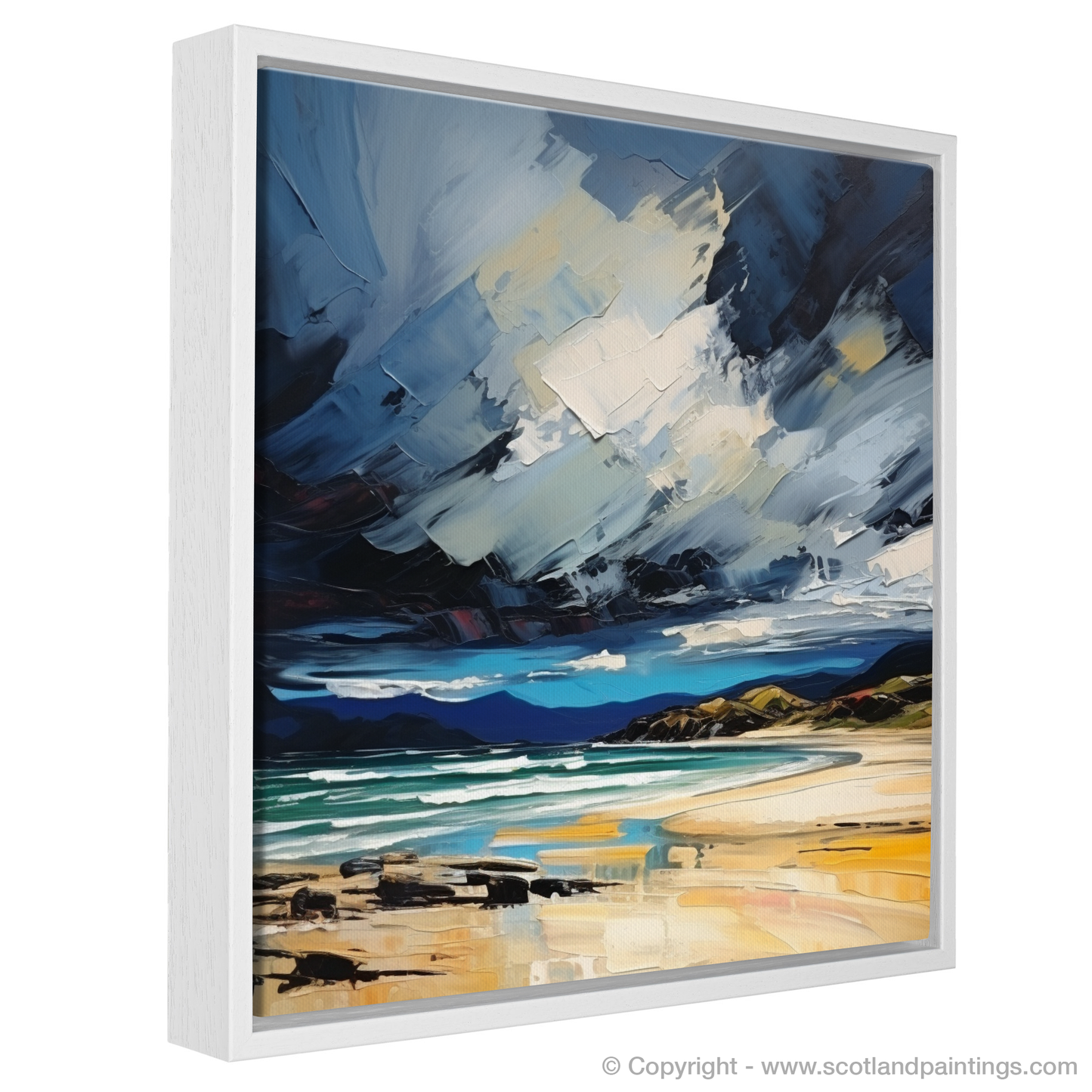 Painting and Art Print of Scarista Beach with a stormy sky entitled "Storm over Scarista Beach: An Expressionist Ode to Scotland's Coast".