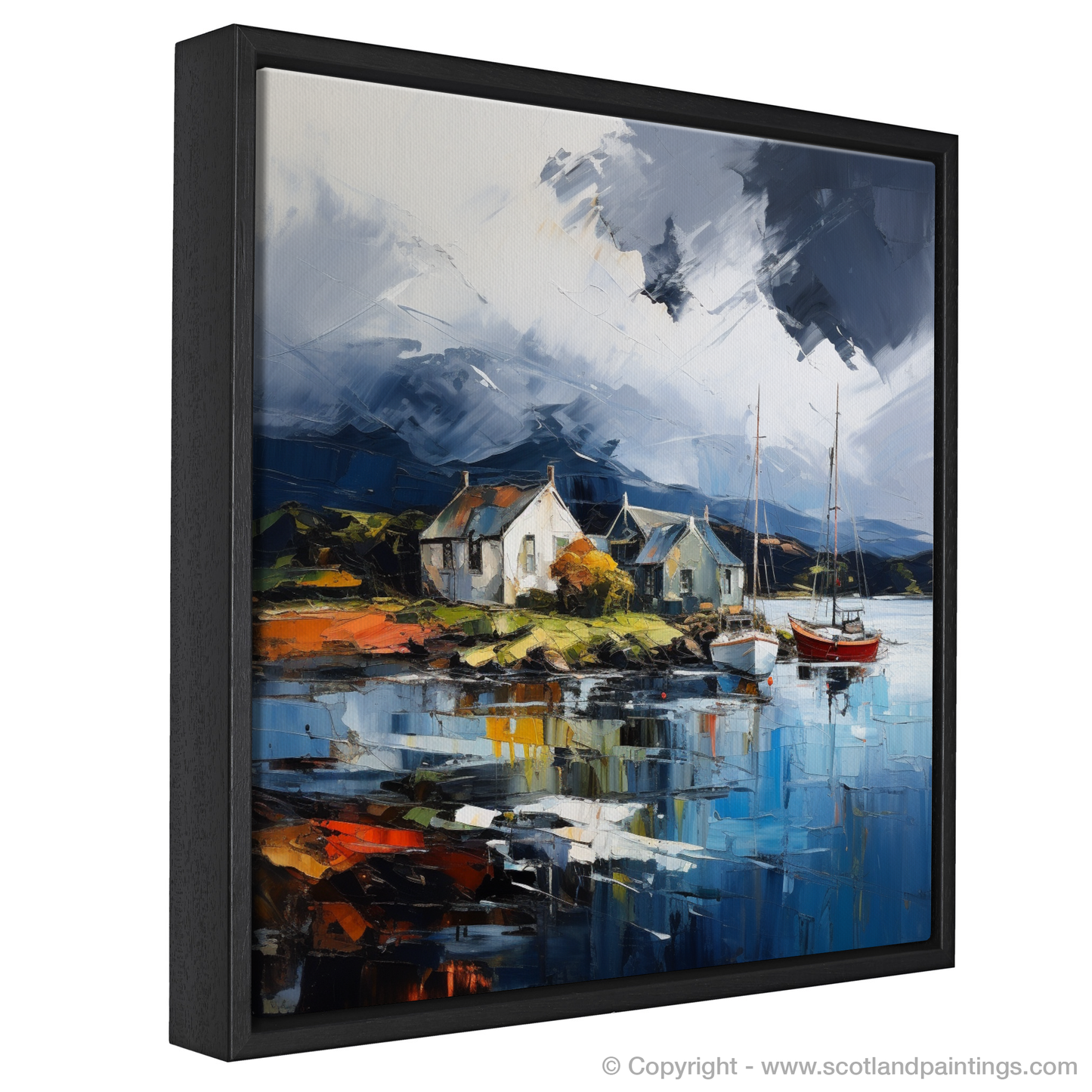 Painting and Art Print of Port Appin Harbour with a stormy sky entitled "Storm Dance at Port Appin Harbour".