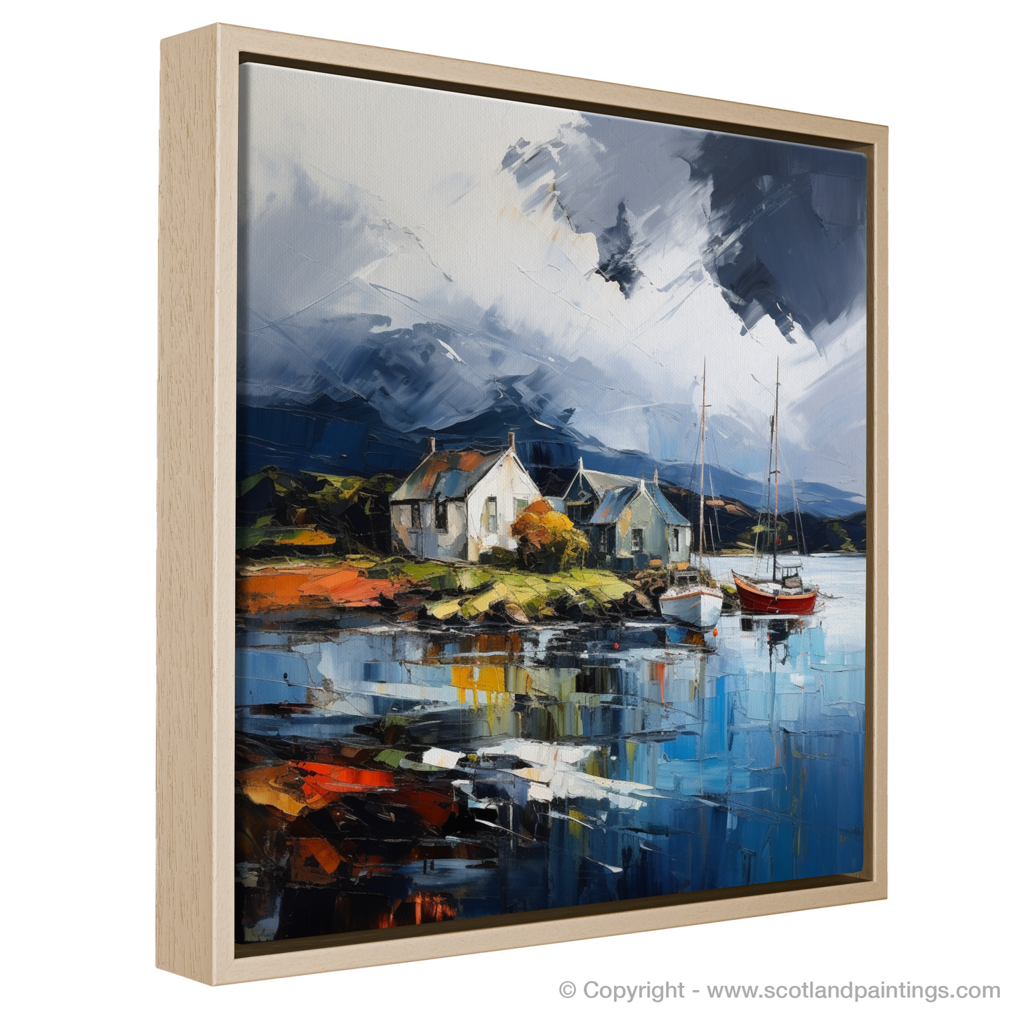 Painting and Art Print of Port Appin Harbour with a stormy sky entitled "Storm Dance at Port Appin Harbour".