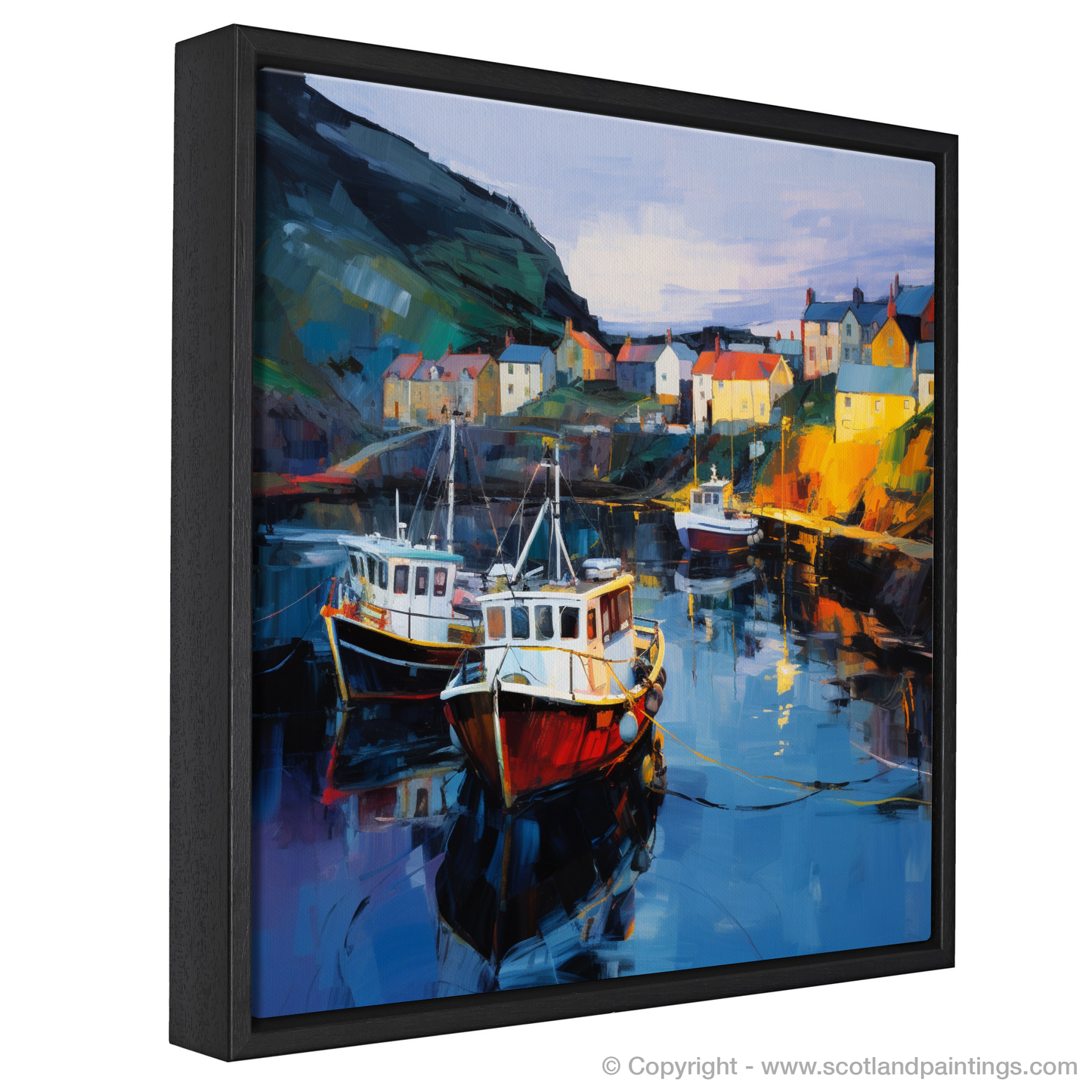 Painting and Art Print of Gardenstown Harbour at dusk entitled "Dusk at Gardenstown Harbour: An Expressionist Ode to Scottish Coastal Beauty".