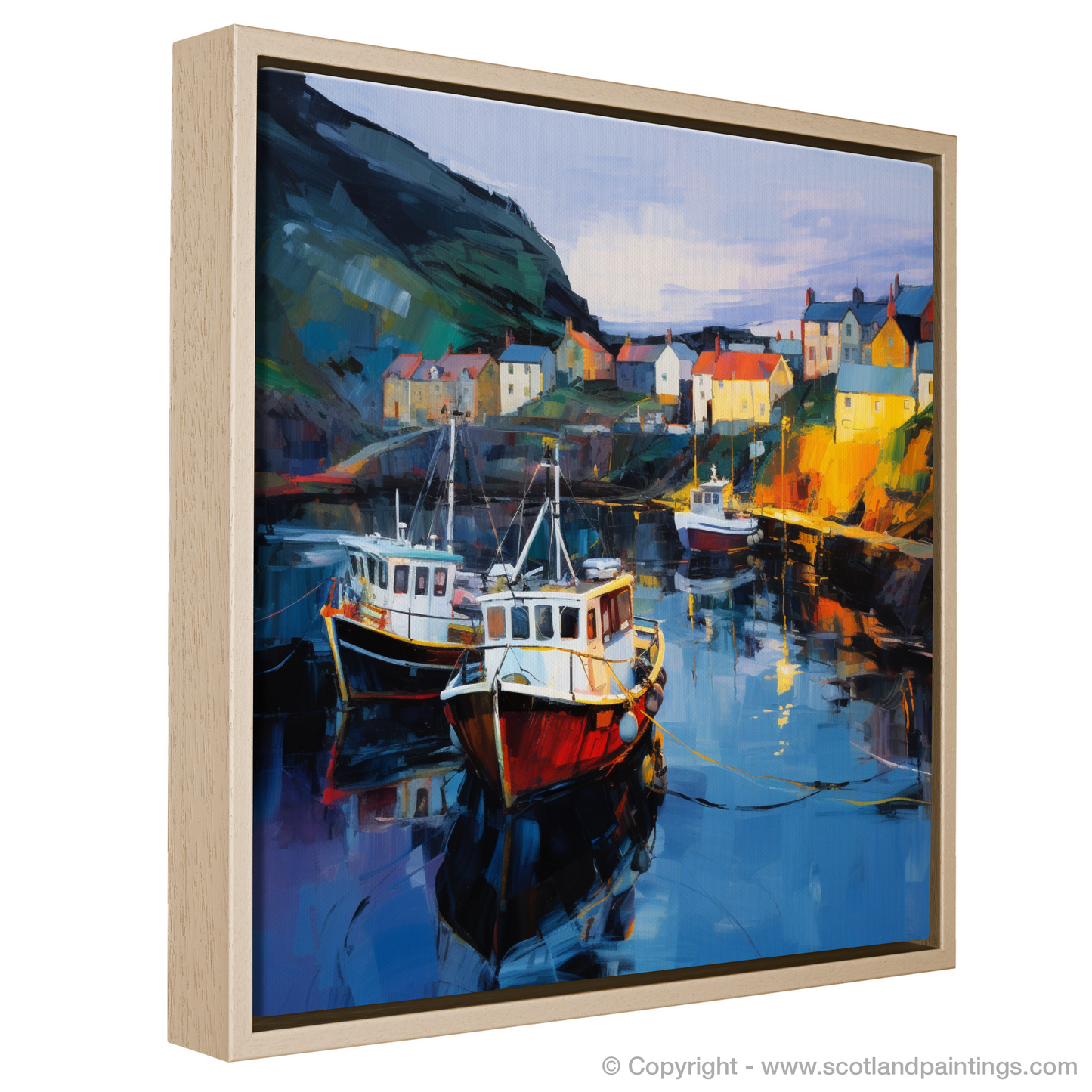 Painting and Art Print of Gardenstown Harbour at dusk entitled "Dusk at Gardenstown Harbour: An Expressionist Ode to Scottish Coastal Beauty".