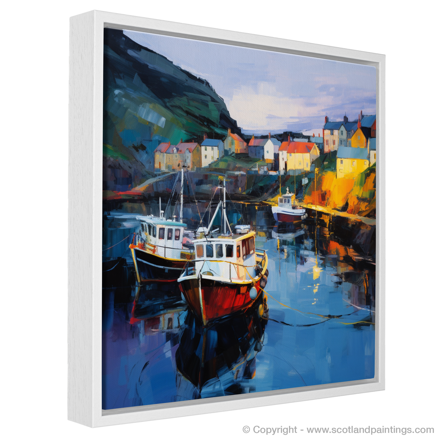 Painting and Art Print of Gardenstown Harbour at dusk entitled "Dusk at Gardenstown Harbour: An Expressionist Ode to Scottish Coastal Beauty".