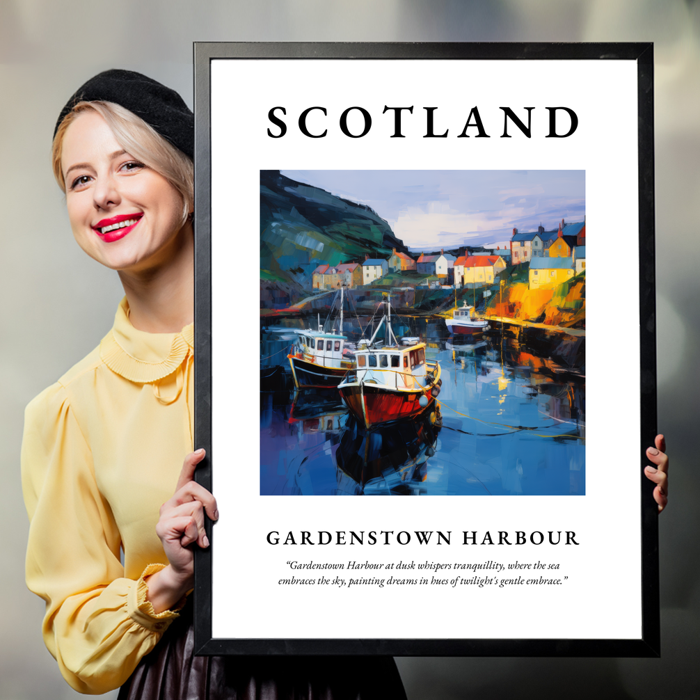 Person holding a poster of Gardenstown Harbour