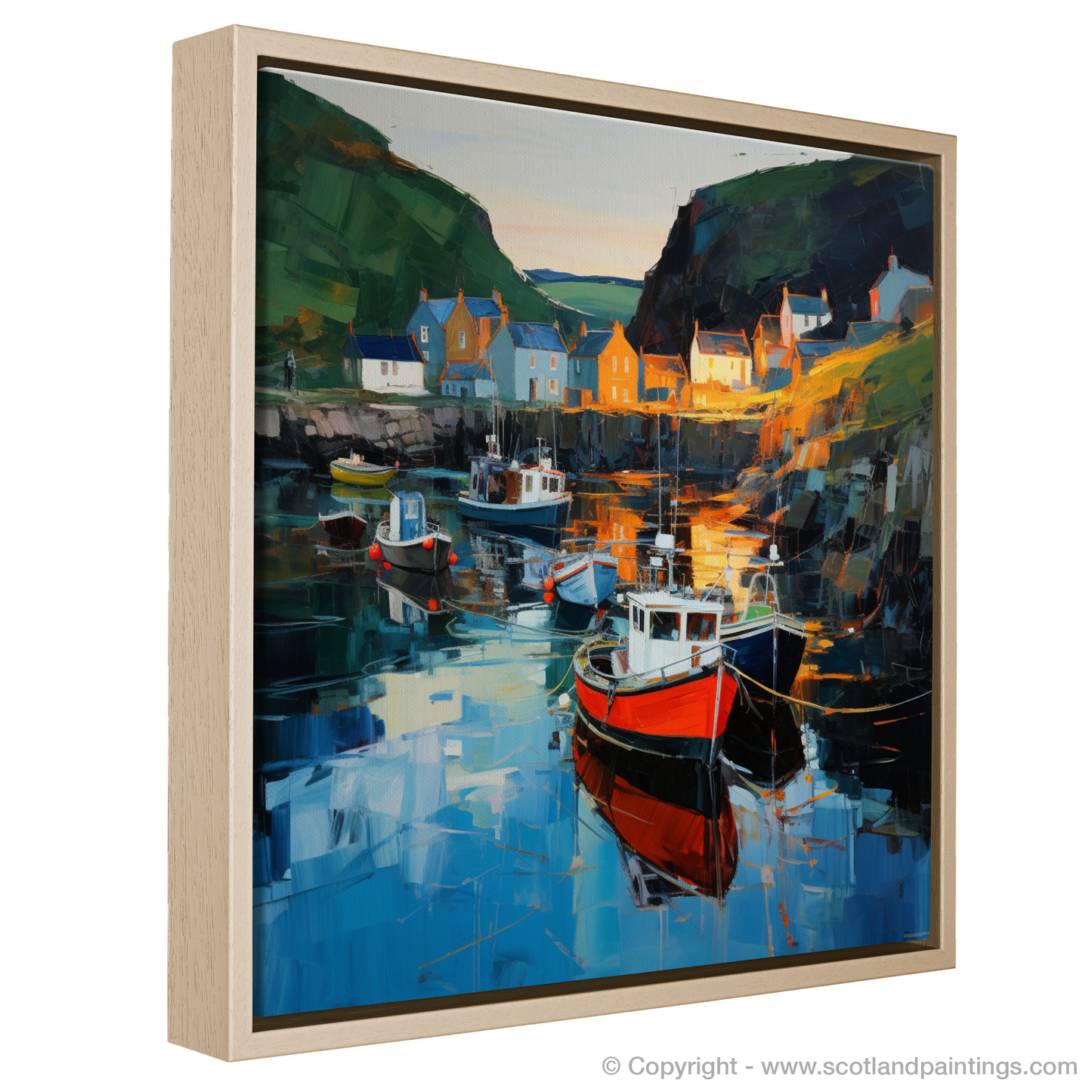 Painting and Art Print of Gardenstown Harbour at dusk entitled "Dusk Embrace at Gardenstown Harbour".