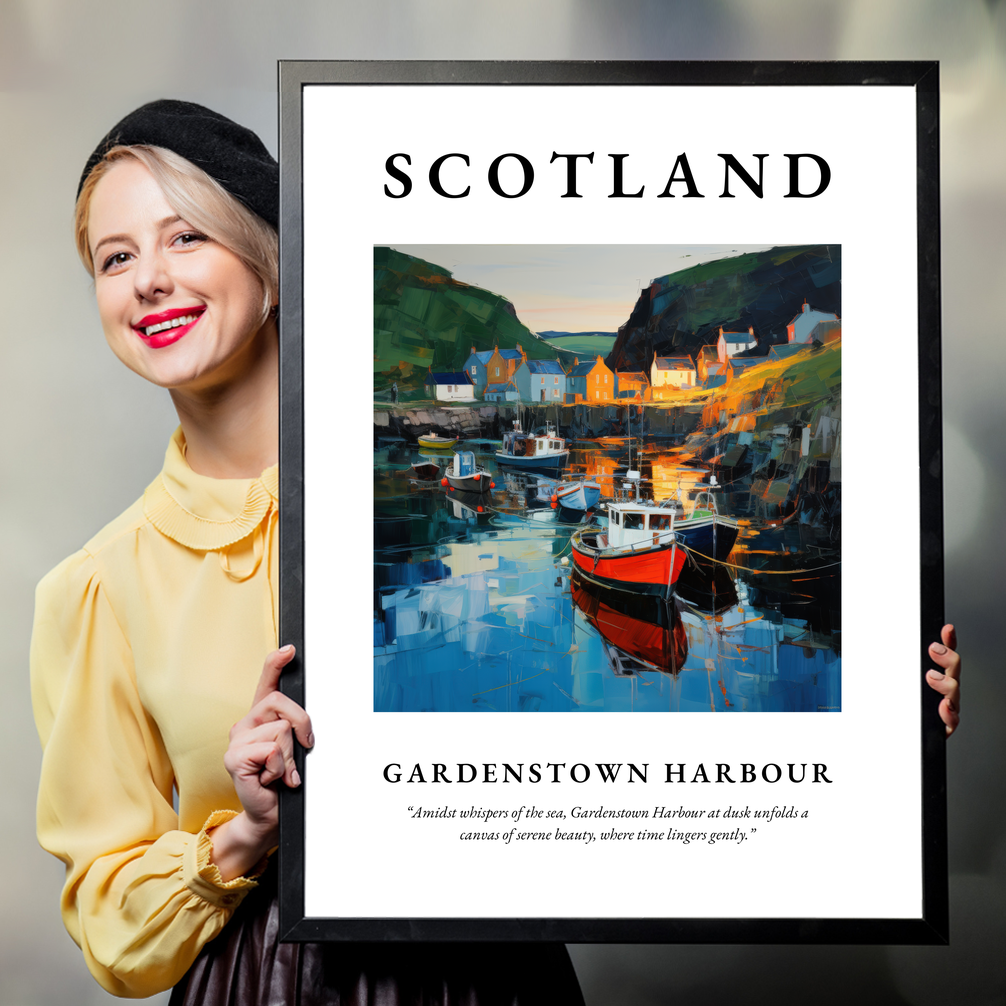 Person holding a poster of Gardenstown Harbour