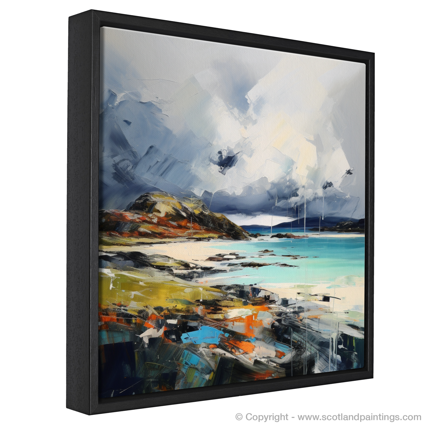 Painting and Art Print of Achmelvich Bay with a stormy sky entitled "Storm over Achmelvich Bay: An Expressionist Ode to Scottish Beaches".