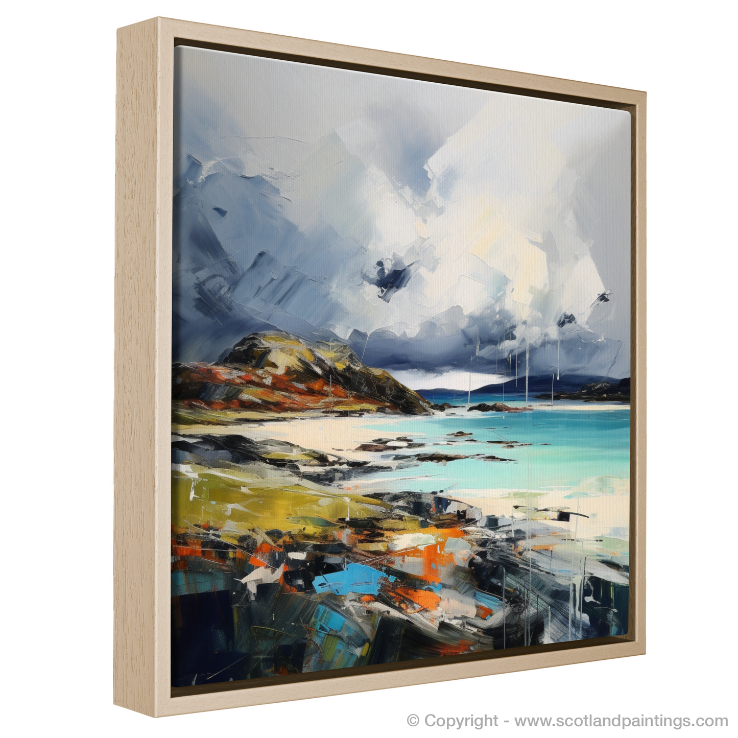 Painting and Art Print of Achmelvich Bay with a stormy sky entitled "Storm over Achmelvich Bay: An Expressionist Ode to Scottish Beaches".