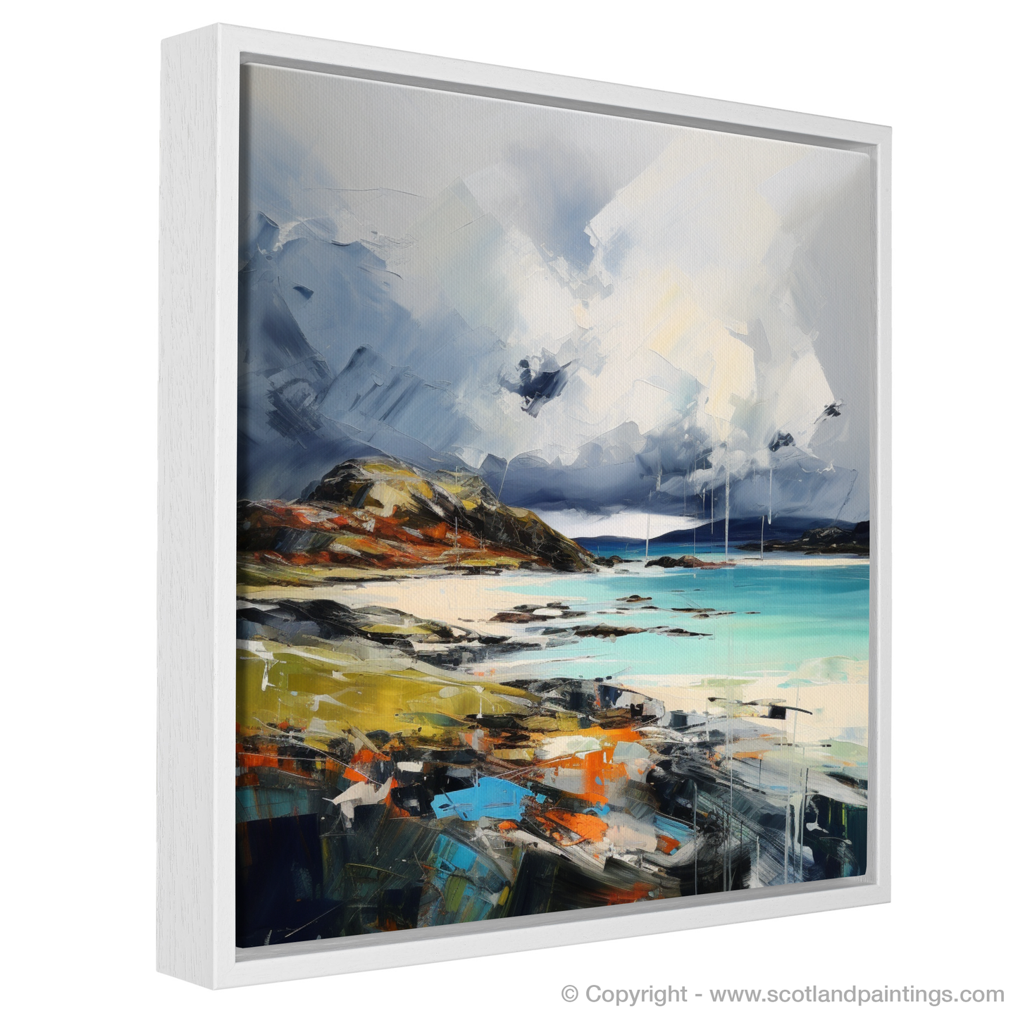 Painting and Art Print of Achmelvich Bay with a stormy sky entitled "Storm over Achmelvich Bay: An Expressionist Ode to Scottish Beaches".