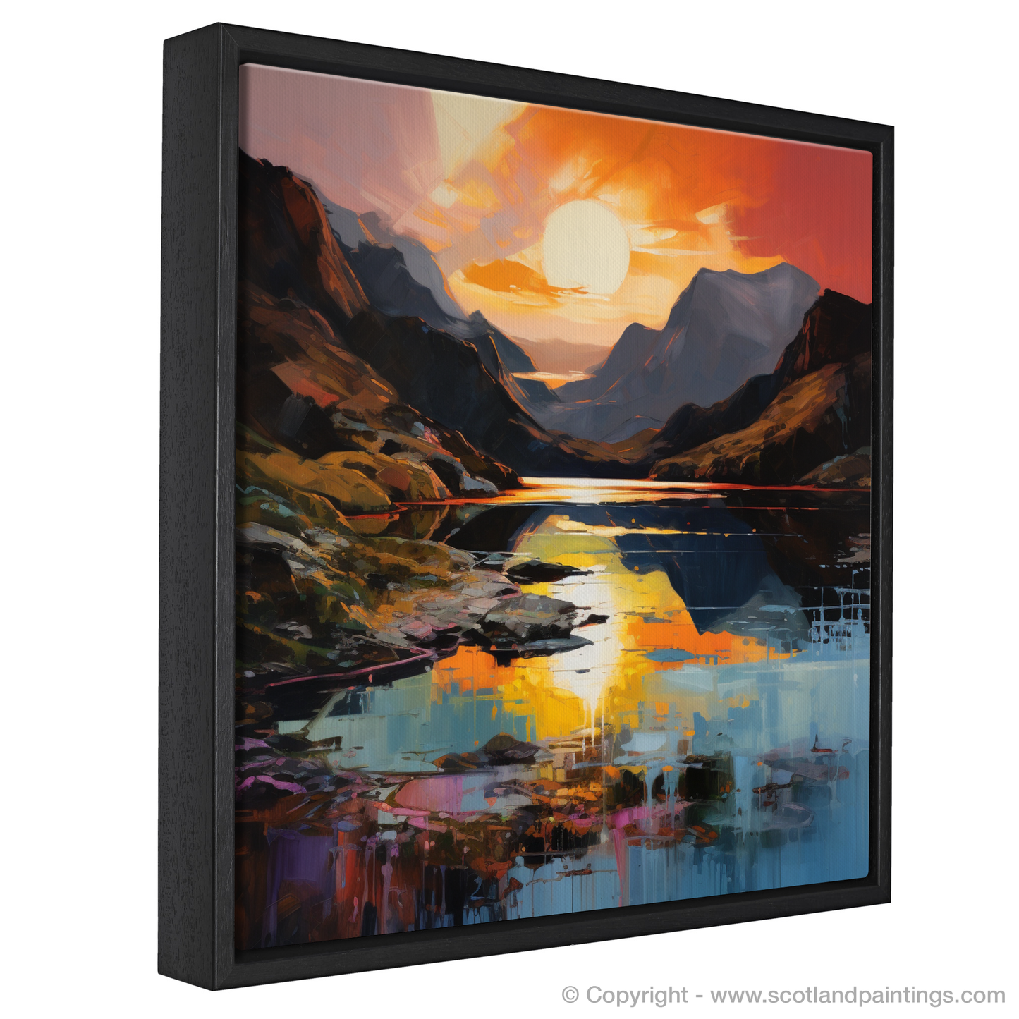 Painting and Art Print of Loch Coruisk at sunset entitled "Sunset Embrace at Loch Coruisk: An Expressionist Tribute".