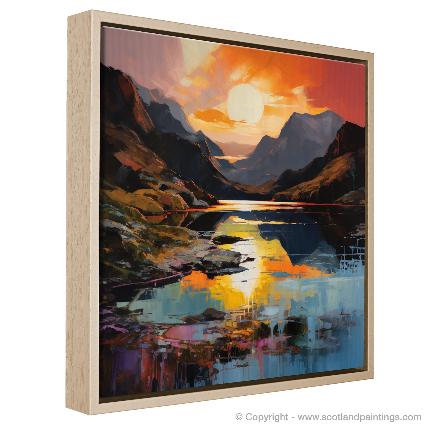 Painting and Art Print of Loch Coruisk at sunset entitled "Sunset Embrace at Loch Coruisk: An Expressionist Tribute".