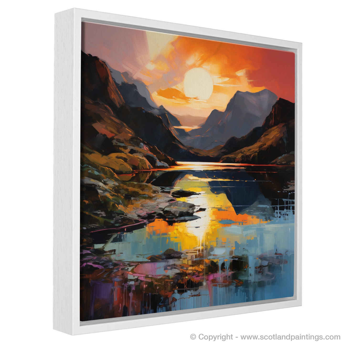 Painting and Art Print of Loch Coruisk at sunset entitled "Sunset Embrace at Loch Coruisk: An Expressionist Tribute".