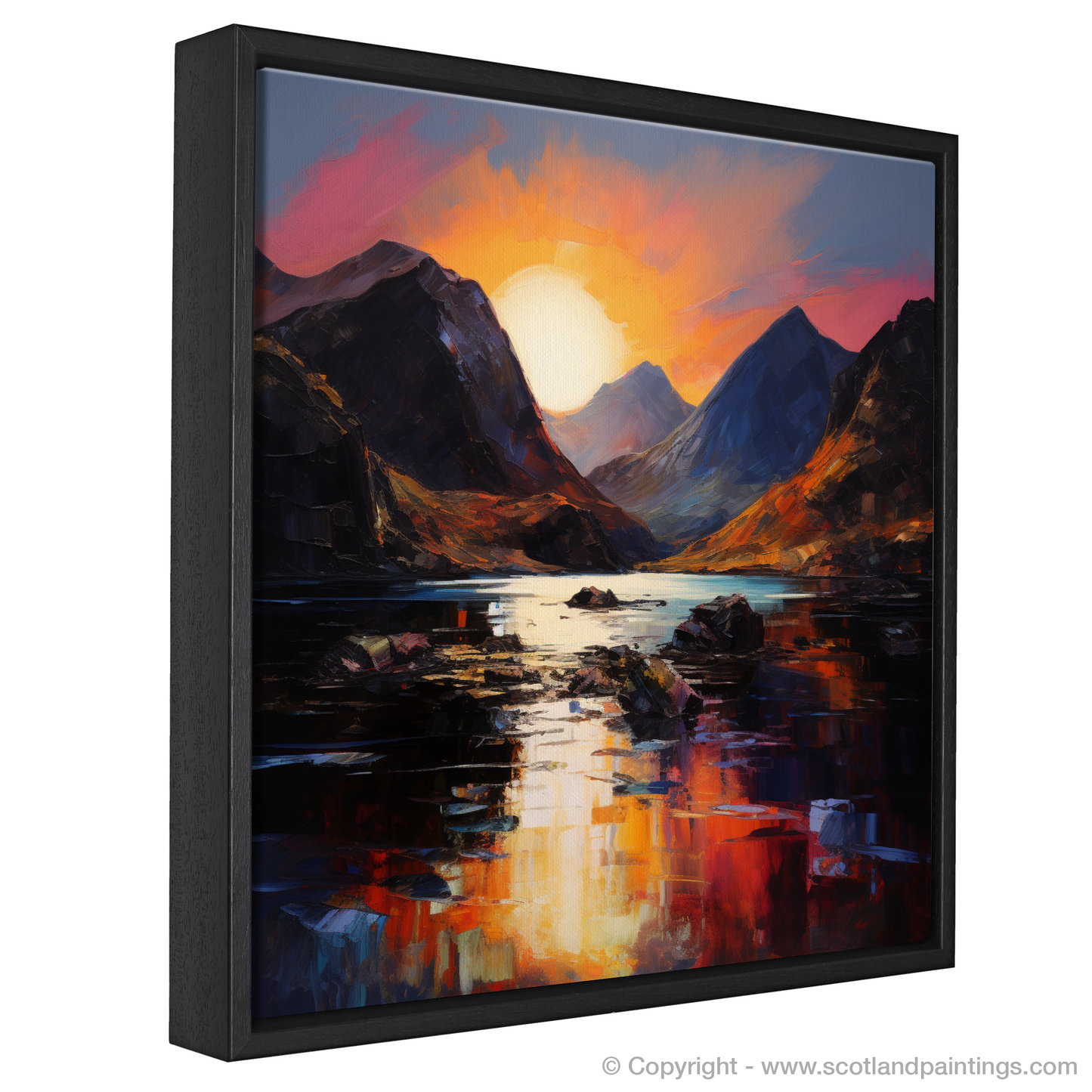 Painting and Art Print of Loch Coruisk at sunset entitled "Sunset Embrace at Loch Coruisk".