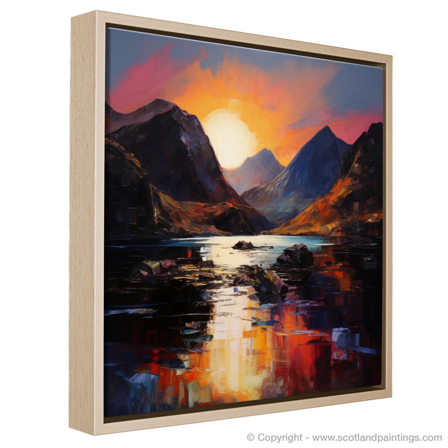 Painting and Art Print of Loch Coruisk at sunset entitled "Sunset Embrace at Loch Coruisk".