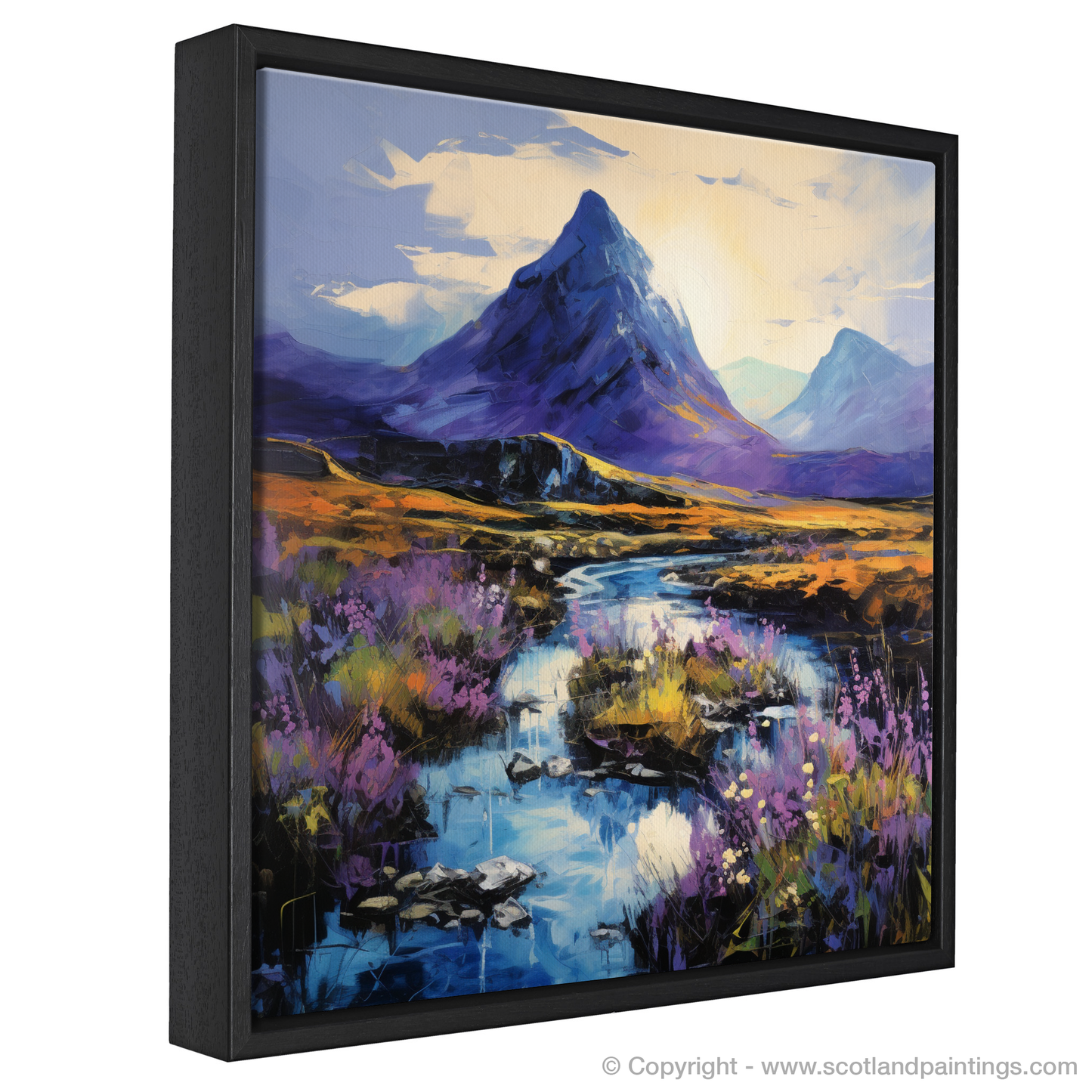 Painting and Art Print of Bluebells under Buachaille at dusk in Glencoe entitled "Dusk Serenade: Bluebells and Buachaille in Glencoe".