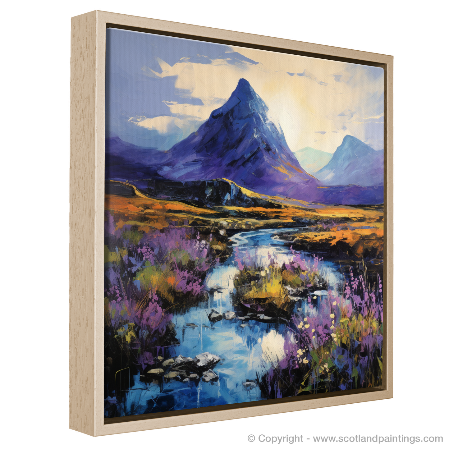 Painting and Art Print of Bluebells under Buachaille at dusk in Glencoe entitled "Dusk Serenade: Bluebells and Buachaille in Glencoe".