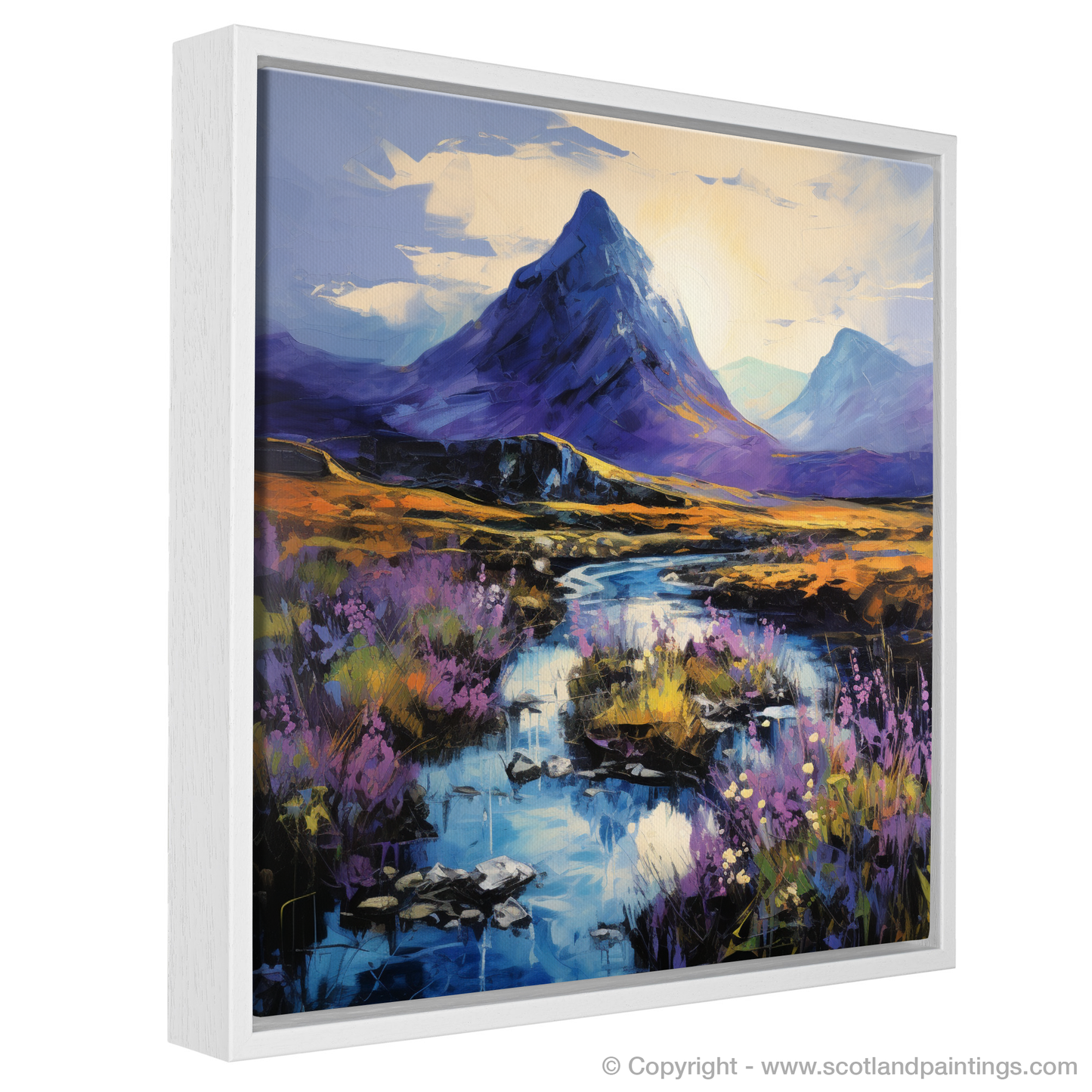 Painting and Art Print of Bluebells under Buachaille at dusk in Glencoe entitled "Dusk Serenade: Bluebells and Buachaille in Glencoe".